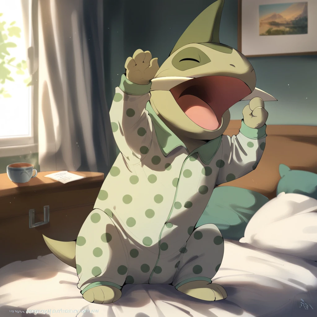 score_9, score_8_up, score_7_up, score_6_up, rating_safe, axew, pokemon, feral, a professional photograph of axew yawning, in a bedroom, wearing pajamas, eyes closed, tired, beautiful, outstanding, vintage cinematic photography, countershading, diadema, realistic