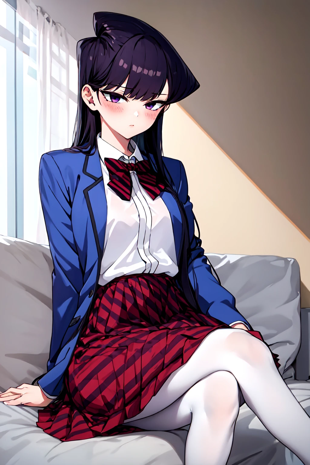 masterpiece, best quality, Sitting with legs crossed at ankles,   <lora:Komisan-07:1> KomisanUni1, komi shouko, 1girl, solo, long hair, black hair, purple eyes, blue jacket, long sleeves, white shirt, bowtie, red bow, striped bow, red skirt, striped skirt, black pantyhose, indoors, blush,