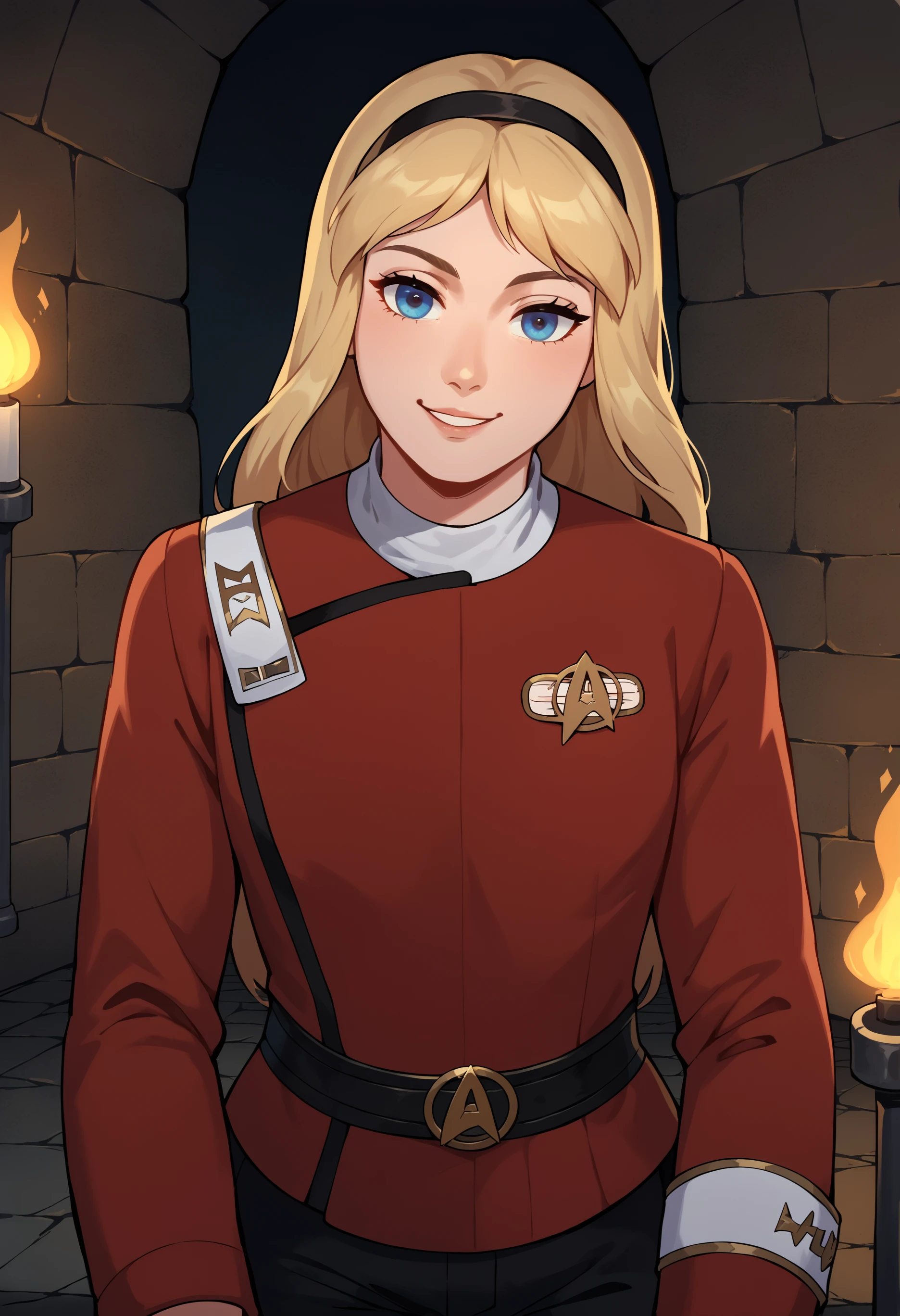 score_9, score_8_up, score_7_up, Princess Eilonwy, blonde hair, blue eyes, black hair band, long hair, smile, half-lidded eyes, <lora:Princess Eilonwy (Pony V6 XL)>
in a dungeon,scenery,torch,
(twokunf,star trek red uniform intendation,long sleeves,white shoulder strap,black pants,black belt)<lora:TWOKpony>