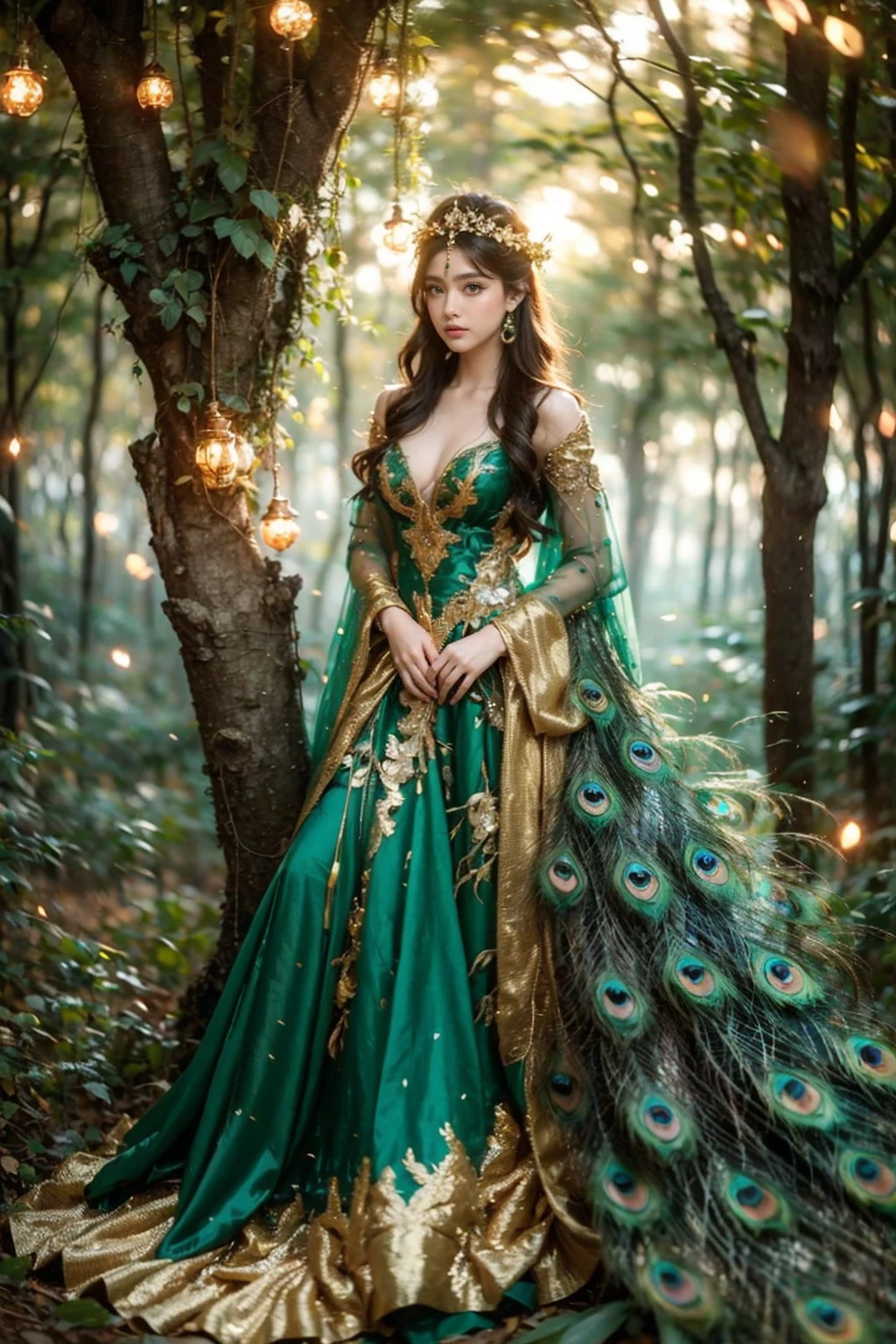 high quality,masterpiece,professional photography,8k,realistic,a girl in a peacock dress standing in a forest, jungle gown, fantasy photoshoot,royal green and nature light,looking majestic in forest,decorated with intricate details in emerald green and gold,solo,standing,long hair,looking at viewer,brown hair,long sleeves,brown eyes,blurry,tree,depth of field,fantasy art style,falling golden sparks add a magical touch to the scene, decorative light bulbs,plant,stairs,((peacock green feathers dress)),detailed textures, <lora:JAY - Jungle Princess:0.8>,