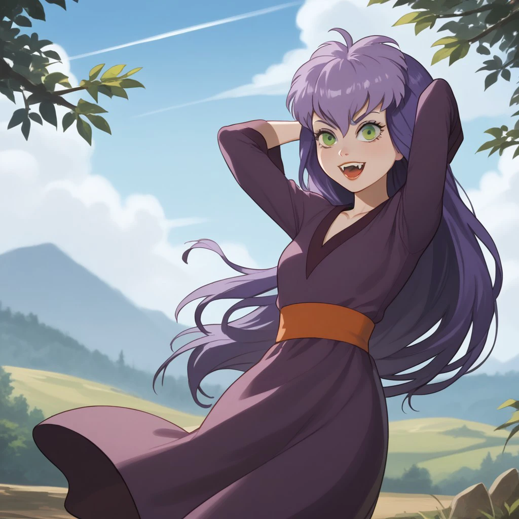 score_9, score_8, score_9, BREAK, Sibella, purple hair, long hair, green eyes, dress, fangs, hands behind head, outdoors, natural lighting, sunlight