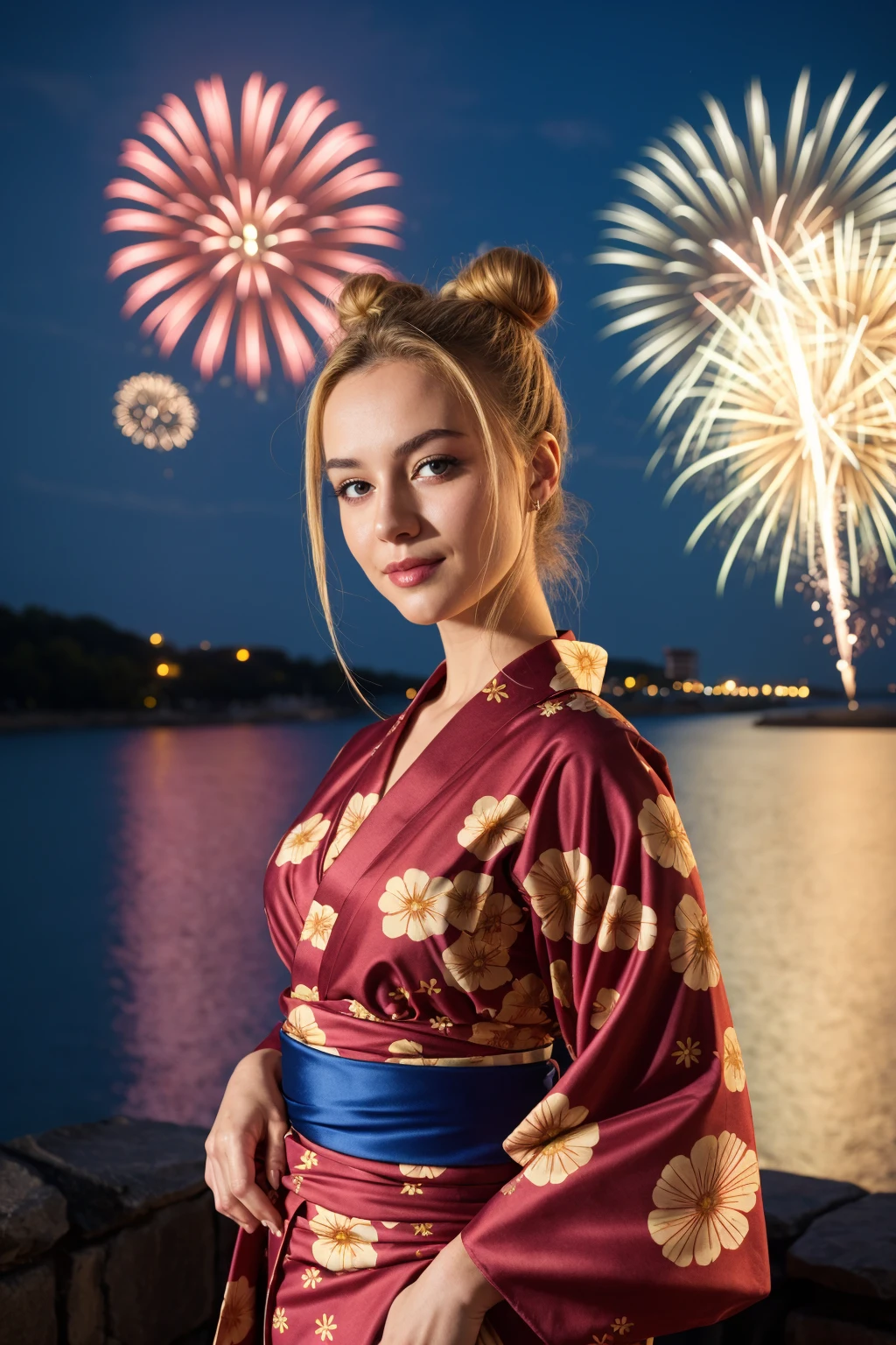 Eastern european woman,beautiful face, fireworks, blonde hair, night,yukata,hair bun,full body,realistic, 8K Raw