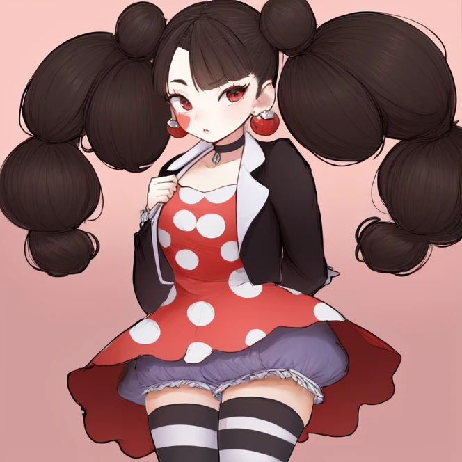 cowboy shot, solo, <lora:yuika_(MMBN):0.7>, yuika, long hair, black hair, red eyes, braid, bangs, twin braids, twintails, (clown earrings), heart on cheek, heart facial mark, choker, polka dot dress, cropped jacket, black jacket, long sleeves, open jacket, bloomers, asymmetrical legwear, striped thighhighs, highres, Digital art, trending on artstation, best quality, insanely detailed, masterpiece, stunning environment, wide-angle,