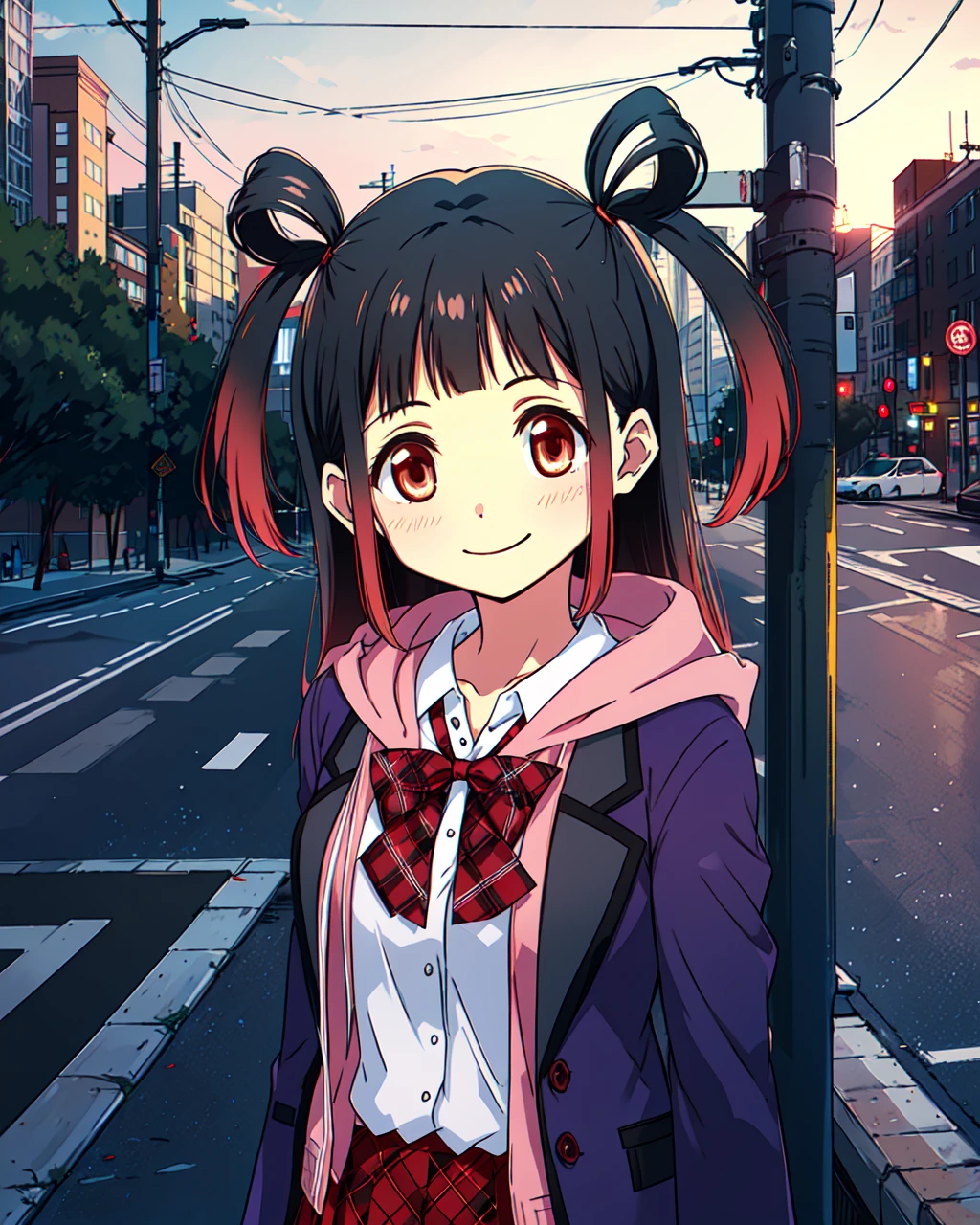 masterpiece, high quality, mgrcoobajuri, 1girl, upper body, medium shot, standing, red eyes, black hair, short twintails, white shirt, pink hoodie, red bowtie, red plaid skirt, purple blazer, light smile, outdoors, city, street, day, <lora:mgrcoobajuri:0.8>