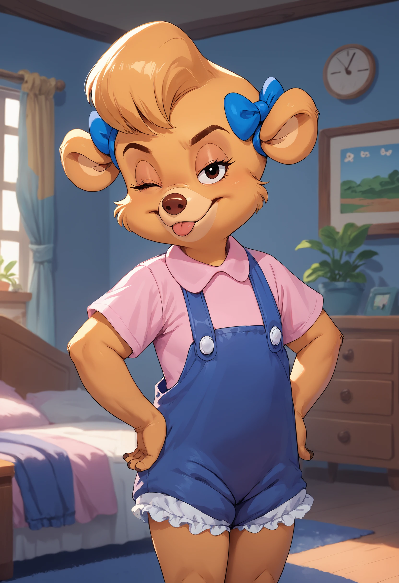 <lora:MollyCunningham_PonyXL_v1:1>, score_9, score_8_up, score_7_up, rating_safe, source_furry, solo, molly cunningham, young anthro, bear, blonde hair, pink top, blue overalls, frilly bloomers, hair bows, inside, living room, smirk, wink, lidded eyes, looking at viewer hands on hips, tongue out, three-quarter portrait, 4 fingers