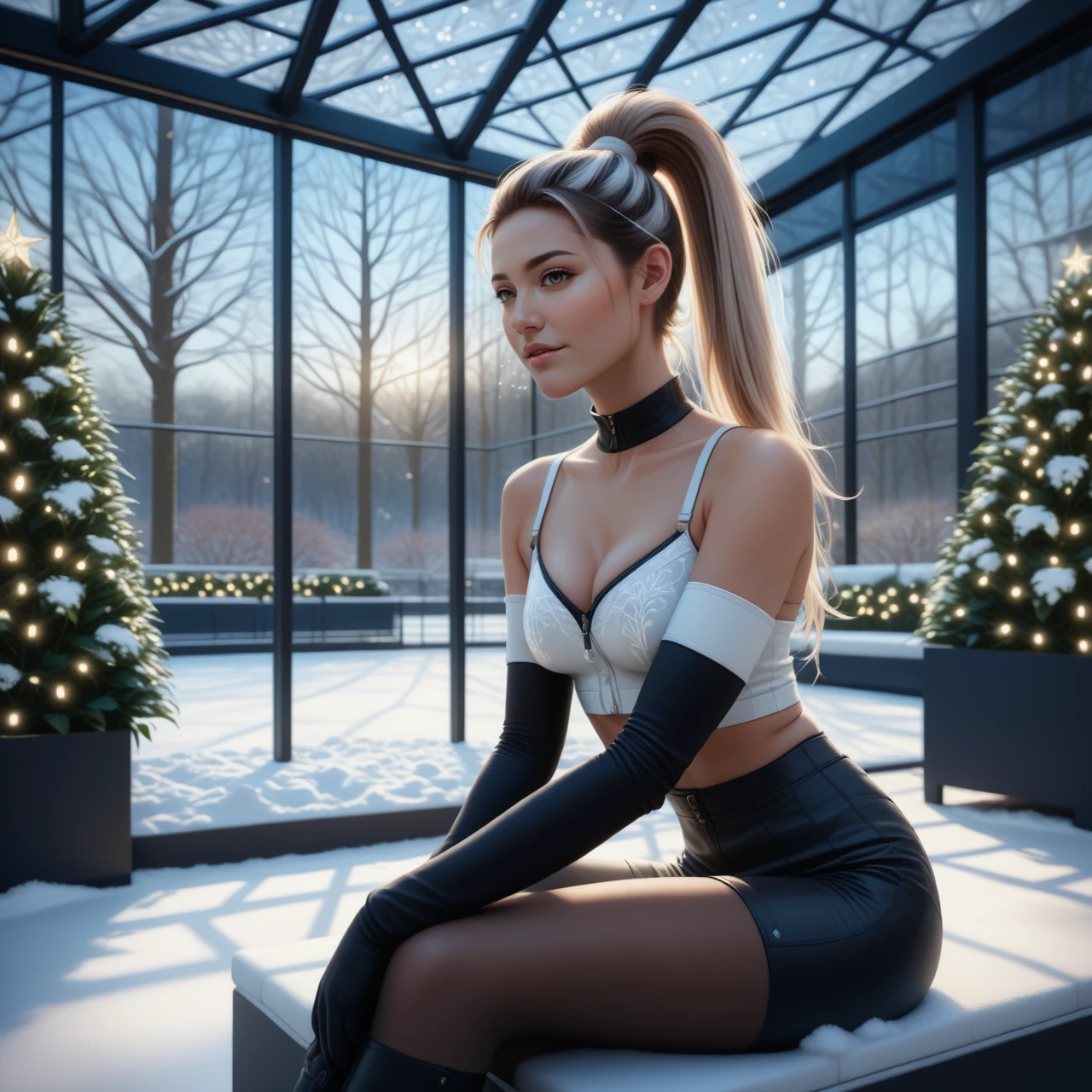 a close up of SeijSDXL, sitting on a  in a Jed-Modern wintergarden , masterpiece, full of details,ambient light, photorealistic, sharp and in focus  <lora:ModernInteriorSDXL:0.7>  <lora:SeijSDXL:0.7>, high ponytail, showoff