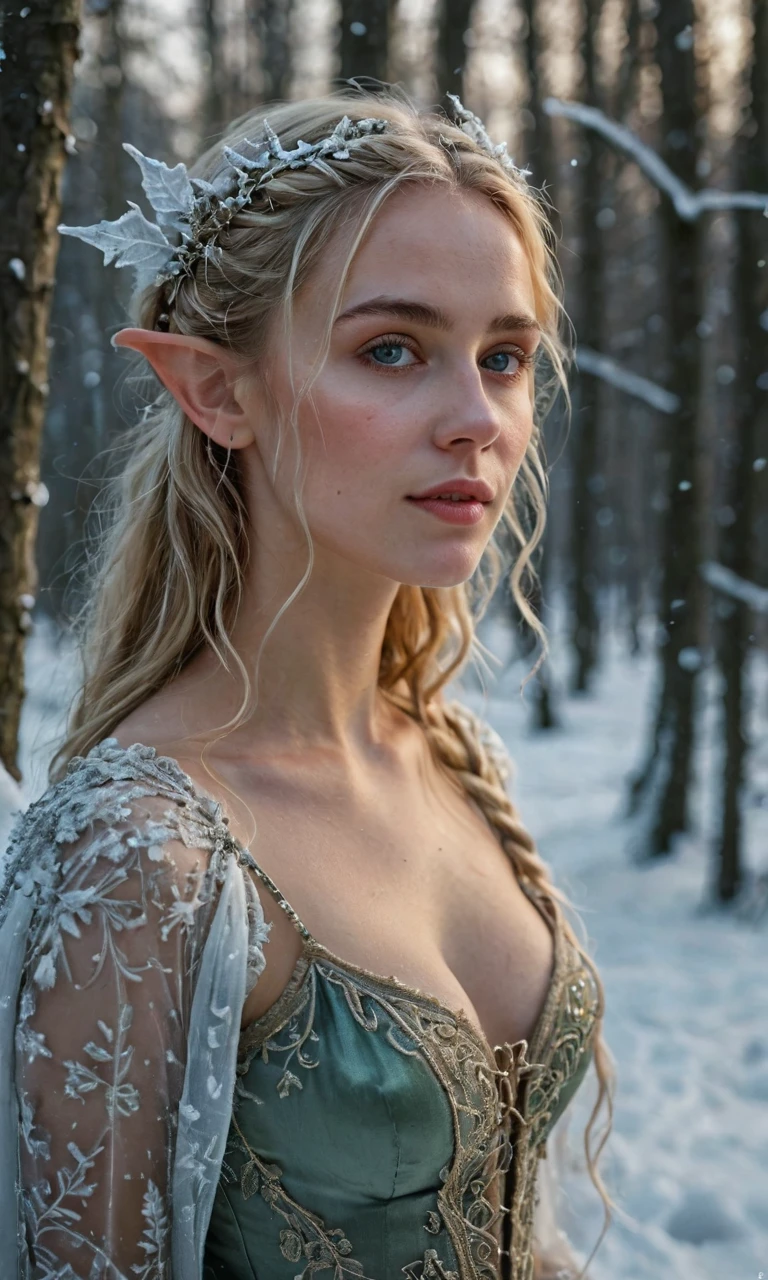 score_9, score_8_up, score_7_up, score_8, volumetric lighting, Mid body portrait of beautiful young elf looking at camera walking in the snow, elf ears, fantasy, lord of the rings , intricate transparent silk elven outfit, natural breasts, tired look,night, moonlight, clouds in the sky, noir, nordic winter forest , ultra quality, ultra detailed, intricate details, 8k, masterpiece, long blonde hair, closeup, feet up