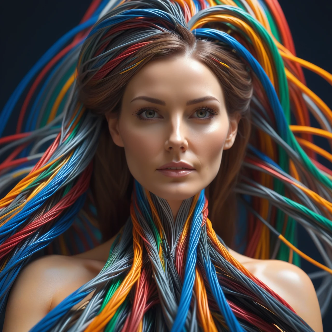 a woman made out of Jed-Cable , sharp and in focus,  <lora:ColourfulCableStyle:0.5> ,