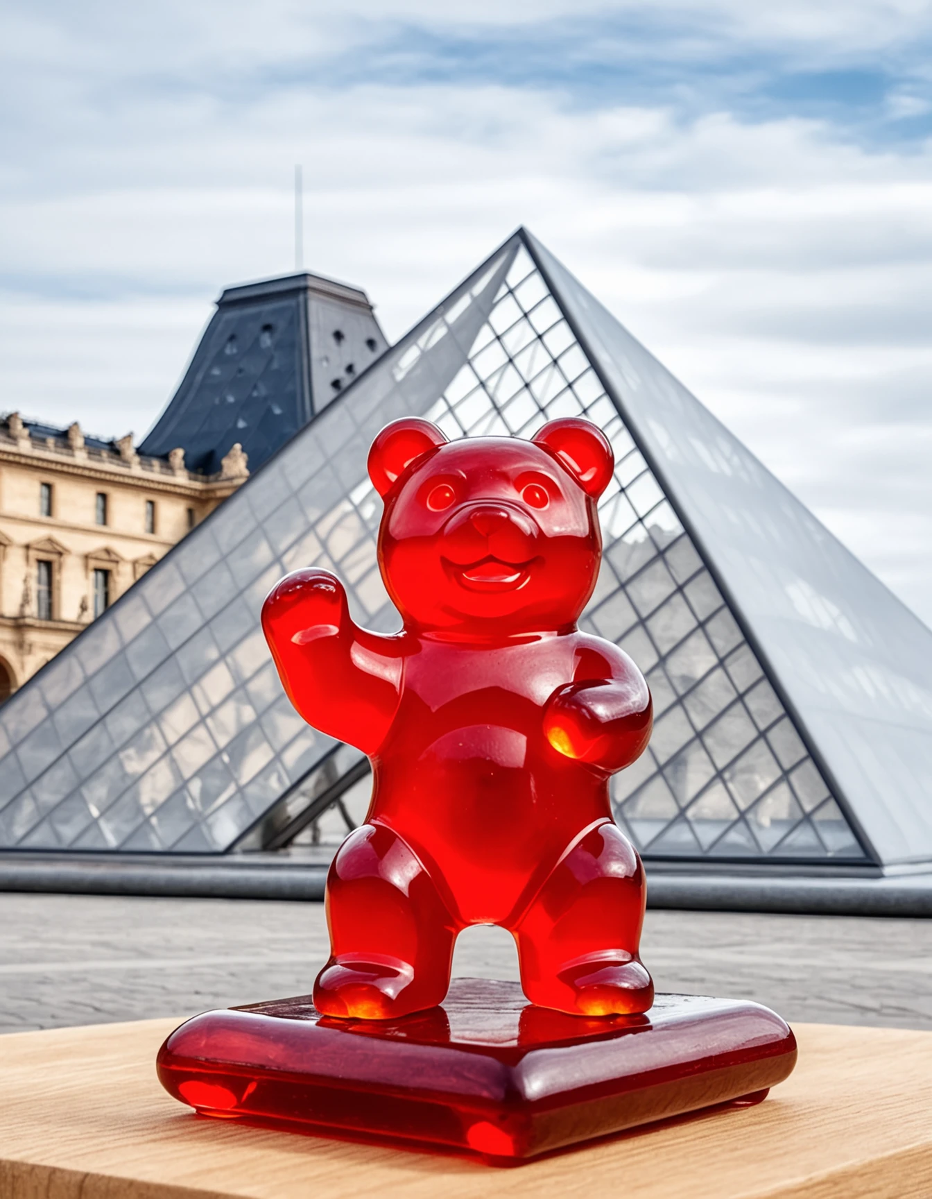 advertising photography, giant red gummy bear in front of the LOUVRE, glass pyramid, (dynamic pose:1.25),(karate kick:1.15)