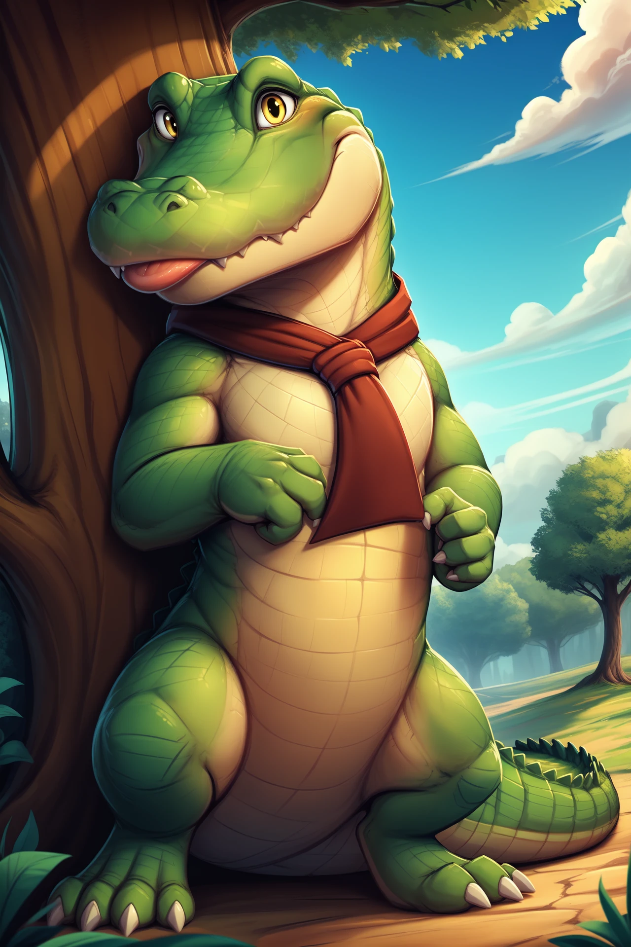 Detailed, anime, toony, a nervous crocodile, very aesthetic, soft focus, detailed face, lylelyle, detailed background, thick tongue,blep, amazing background, game cg, solo focus,looking at viewer, yellow eyes, against tree,red scarf, male, crocodilian tail, outside, tree, cloud, light red body, best quality, amazing quality, by thesecretcave,by ssssnowy, <lora:lylelyle_YMv2:0.7>, digital media (artwork)