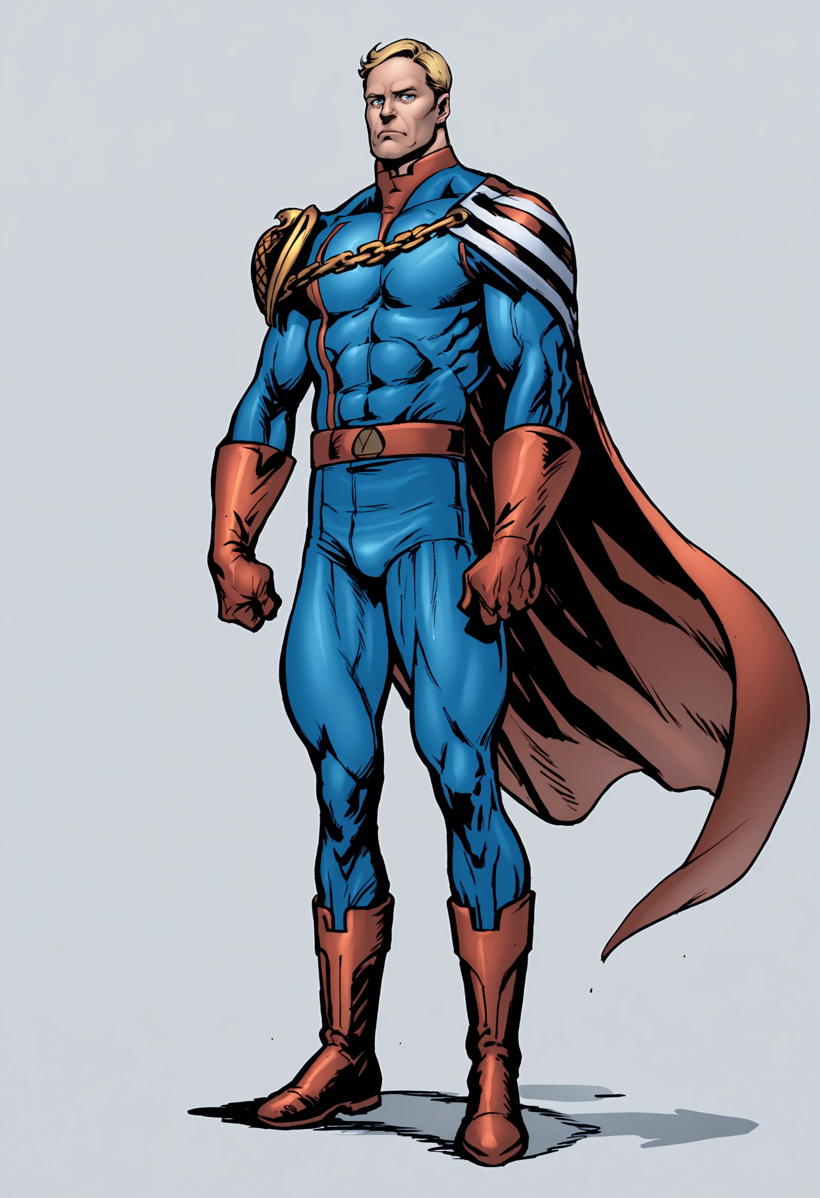 score_9, score_8_up, score_7_up, score_6_up, score_5_up, score_4_up, 1boy, <lora:HomelanderComics:0.9> male focus, solo, blonde hair, blue eyes, muscular, muscular male, superhero, cape, chain, bodysuit, gloves, boots, full body, standing,
(light blue background), simple background,