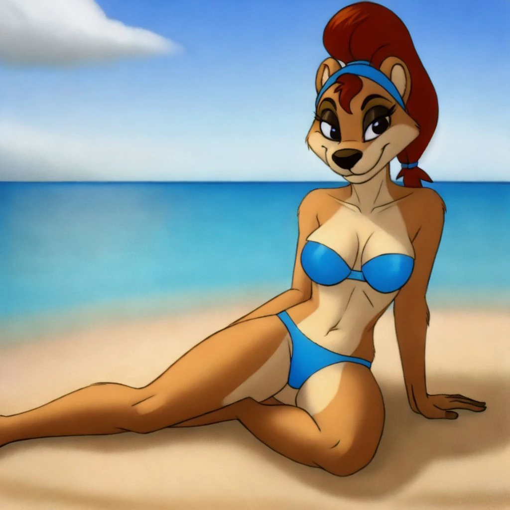 female Sugar Glider sitting on a beach, strapless bathing suit, cleavage, shorts, two curly top hair knot buns with two curly hair strands on the side