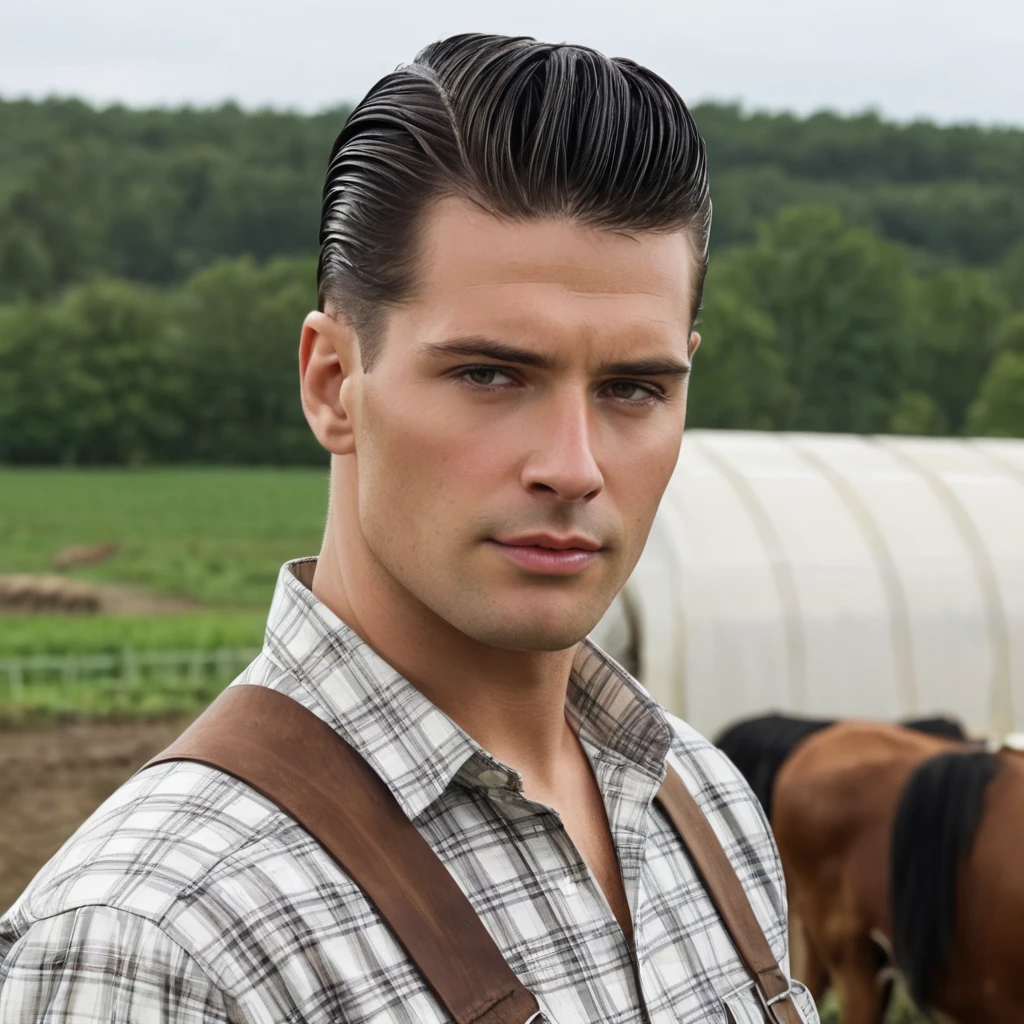 Hyperrealistic art close-up photo of m4l1k a man, slicked back hair, wearing a country outfit, at a farm, looking at viewer, <lora:delgaty:.7> . Extremely high-resolution details, photographic, realism pushed to extreme, fine texture, incredibly lifelike