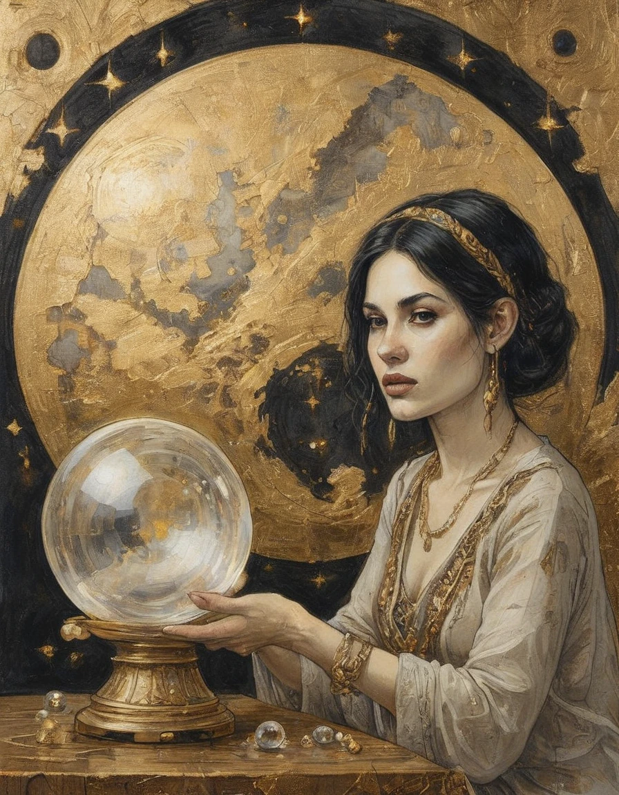 gold leaf illustration of a gypsy fortune teller gazing into a crystal ball that shows a vision of your future