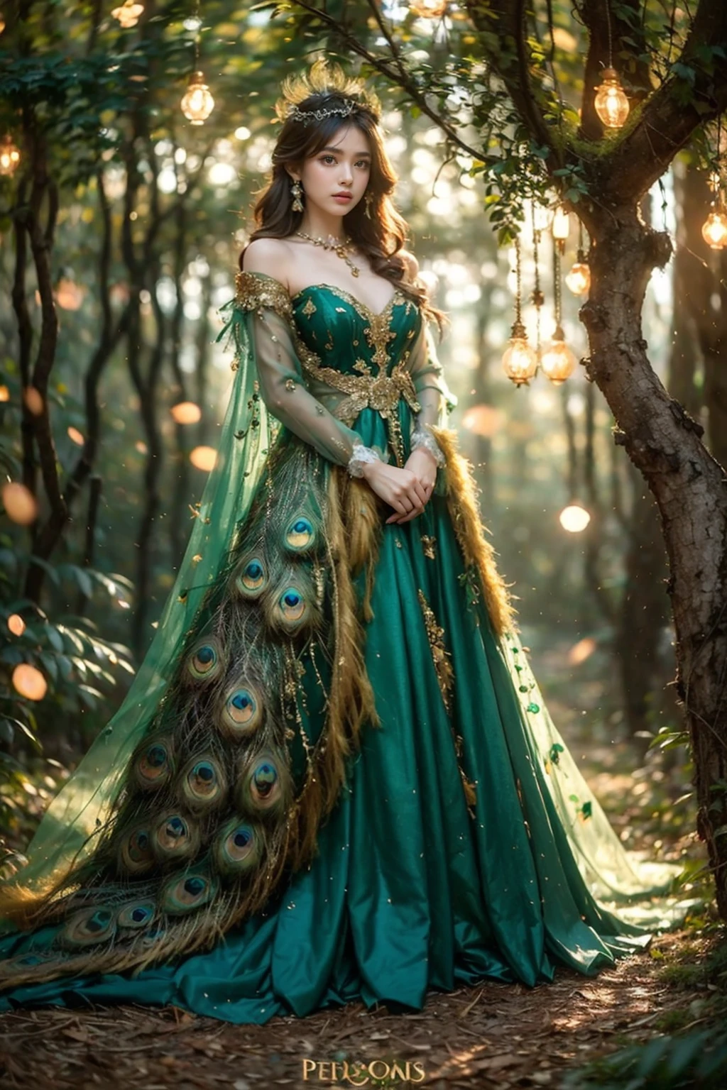 high quality,masterpiece,professional photography,8k,realistic,a girl in a peacock dress standing in a forest, jungle gown, fantasy photoshoot,royal green and nature light,looking majestic in forest,decorated with intricate details in emerald green and gold,solo,standing,long hair,looking at viewer,brown hair,long sleeves,brown eyes,blurry,tree,depth of field,fantasy art style,falling golden sparks add a magical touch to the scene, decorative light bulbs,plant,stairs,((peacock green feathers dress)),detailed textures, <lora:JAY - Jungle Princess:0.8>,