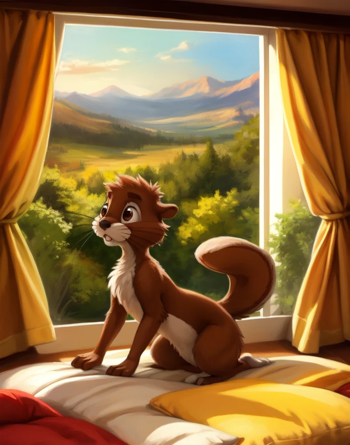 <lora:AirAcademSquirrelN1:0.9>  AirAcademSquirrelN1, Squirrel, tail,  (all fours, cowgirl position,)
Male, Detailed multicolored skin, ( solo), [day, room , luxury room, children's room window, landscape outside the window, curtains, bed, pillows, light from the window], 
(beautiful, aesthetic, perfect, delicate, intricate), masterpiece, digital drawing, best quality, AS-YoungerV2:0.6, AS-YoungestV2:0.5,   
[by kenket|by totesfleisch8], by thebigslick:by silverfox5213:0.8], [by syuro, by paloma-paloma::0.2, (Tricksta, TotesFleisch8)