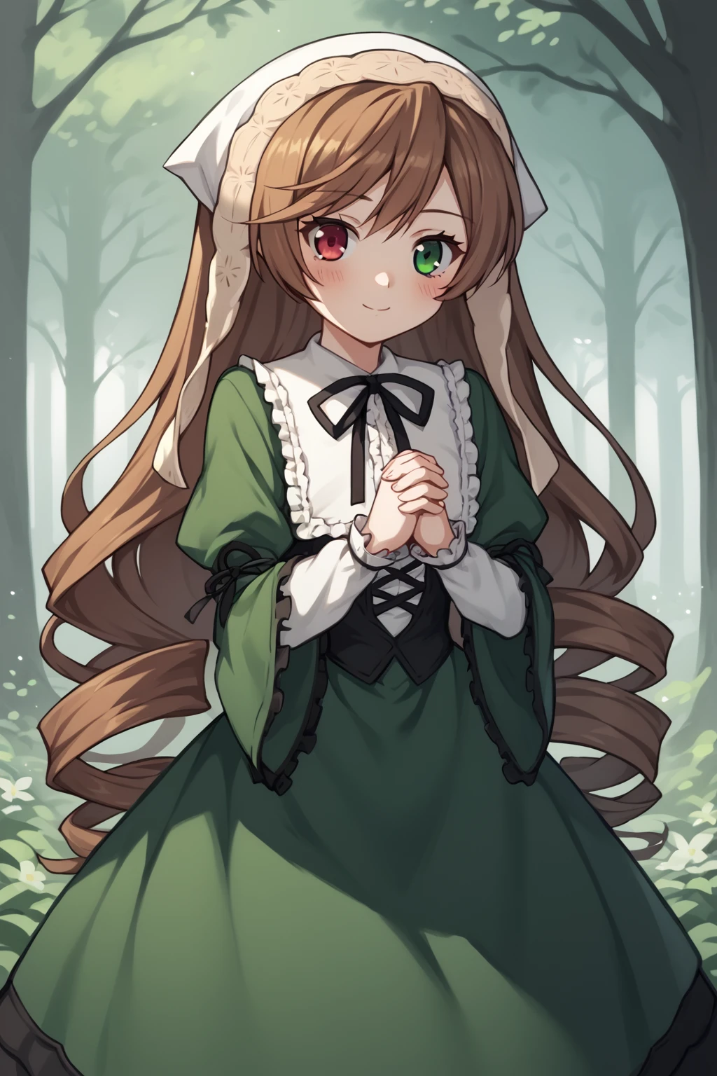 score_9, score_8_up, score_7_up, score_6_up, score_5_up, score_4_up, source_anime, BREAK
1girl, <lora:Suiseiseki_pdxl_v1.0:0.9> suiseiseki, bonnet, head scarf, ribbon, green dress, corset, cowboy shot, own hands together, outdoors, nature, light smile, blush
