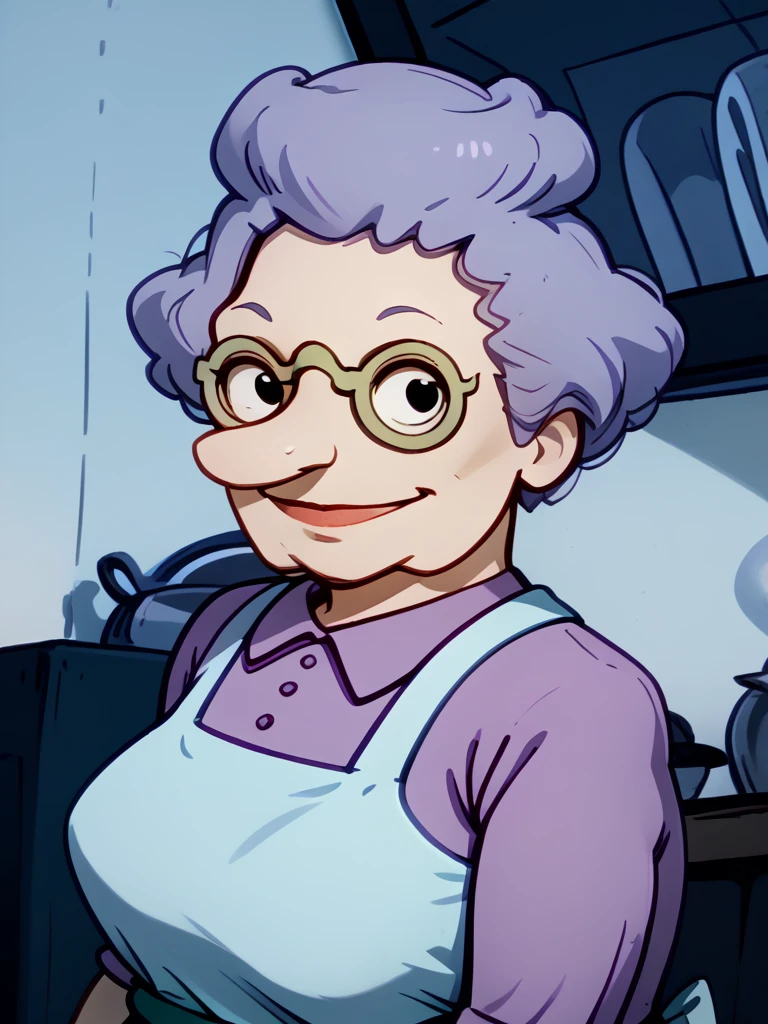 <lora:Minka_Kropotkin_-_Rugrats-10:1.4>1girl, old lady, light blue hair, blue shirt, apron, pince_nez_glasses, vintage_eyewear, dark blue skirt, portrait, looking at viewer, smile, black eyes,, source_cartoon, score_9, score_8_up, score_7_up,