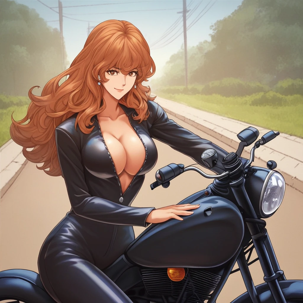 score_9, score_8_up, score_7_up, ASCII masterpiece, source_anime, BREAK, 1girl, solo, (( <lora:fujiko_mine:1> , fujiko_mine, thin waist, wide hips, beautiful skin, beautiful brown hair, beautiful long hair, clear eyes, piercing amber eyes, bright pupils, beautiful eyes, huge and shaggy breasts, natural beauty, extraordinary beautiful woman, attractive woman, super sexy woman, lustful body, sexy woman with seductive obscene body, sensual body, voluptuous body, sexy beauty, )) , (( obscene cleavage, erotic black bodysuit )), cowboy shot, leaning, motor vehicle, ground vehicle, motorcycle, sitting, on motorcycle, night, street, front view, seducative smile, closed mouth,