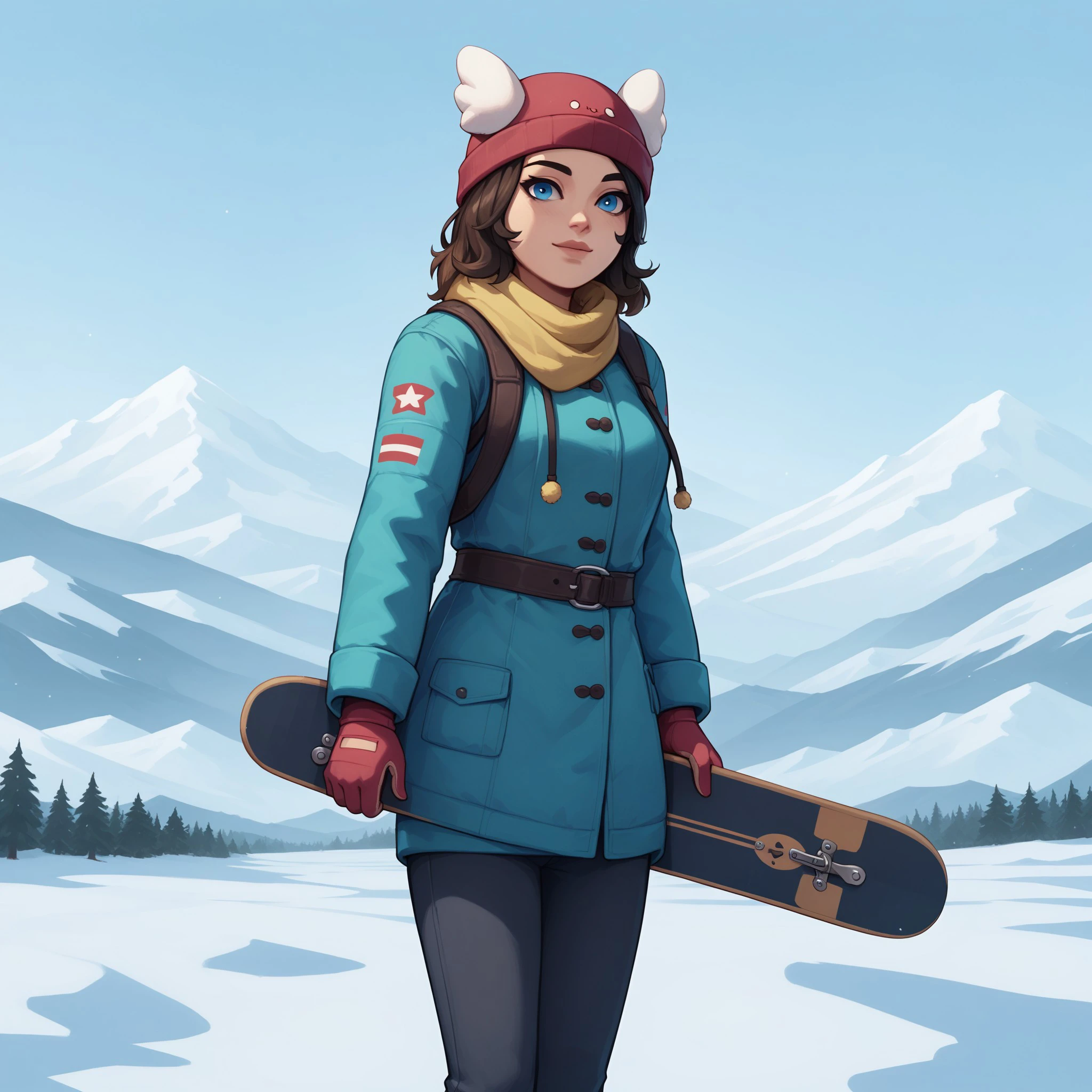 score_9, score_8_up, score_7_up, 1girl, Skye, blue eyes, hat, winter outfit, standing in a snowy landscape, holding a snowboard, playful expression, snow-capped mountains in the background, <lora:b974cb6e-4c07-41c4-a938-157cfcafa6df:0.7>