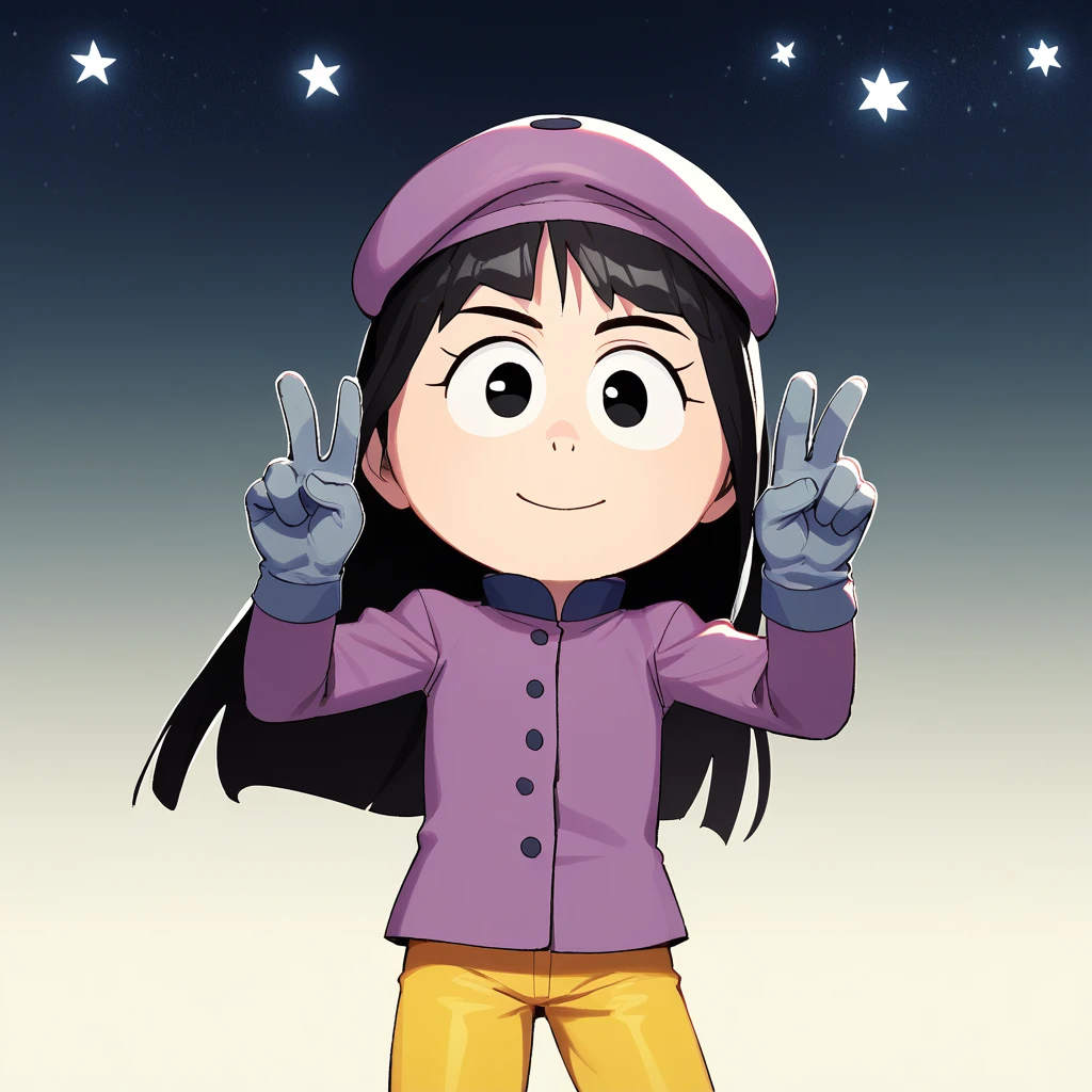 score_8_up, BREAK, WendyTestaburger, 1girl, solo, black hair, long hair, black eyes, beret, jacket, yellow pants, navy gloves, <lora:WendyTestaburger_PXL_Leaf2:1>,  gradient background, cowboy shot, double v, starry background,