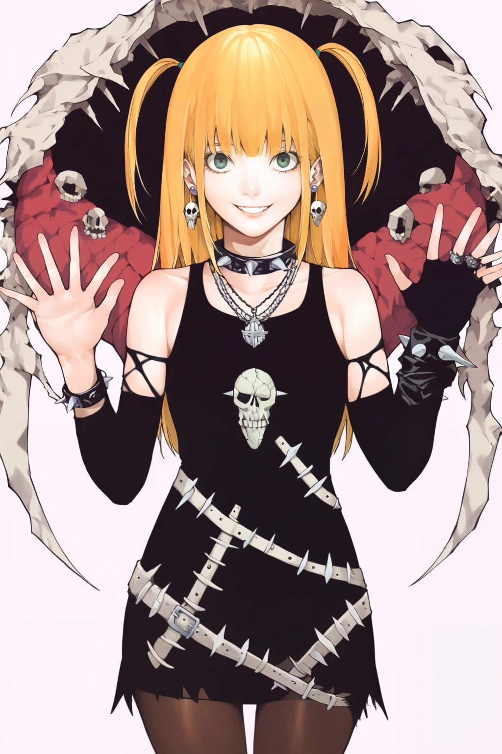 score_9, score_8_up, score_7_up, takeshiobata, 1girl, solo, cowboy shot, smile, looking at viewer, long hair, blonde hair, two side up, black shirt, bare shoulders, detached sleeves, skulls, single glove, fingerless, hands up, dress, pantyhose, spiked collar, earrings, jewelry, absurdres