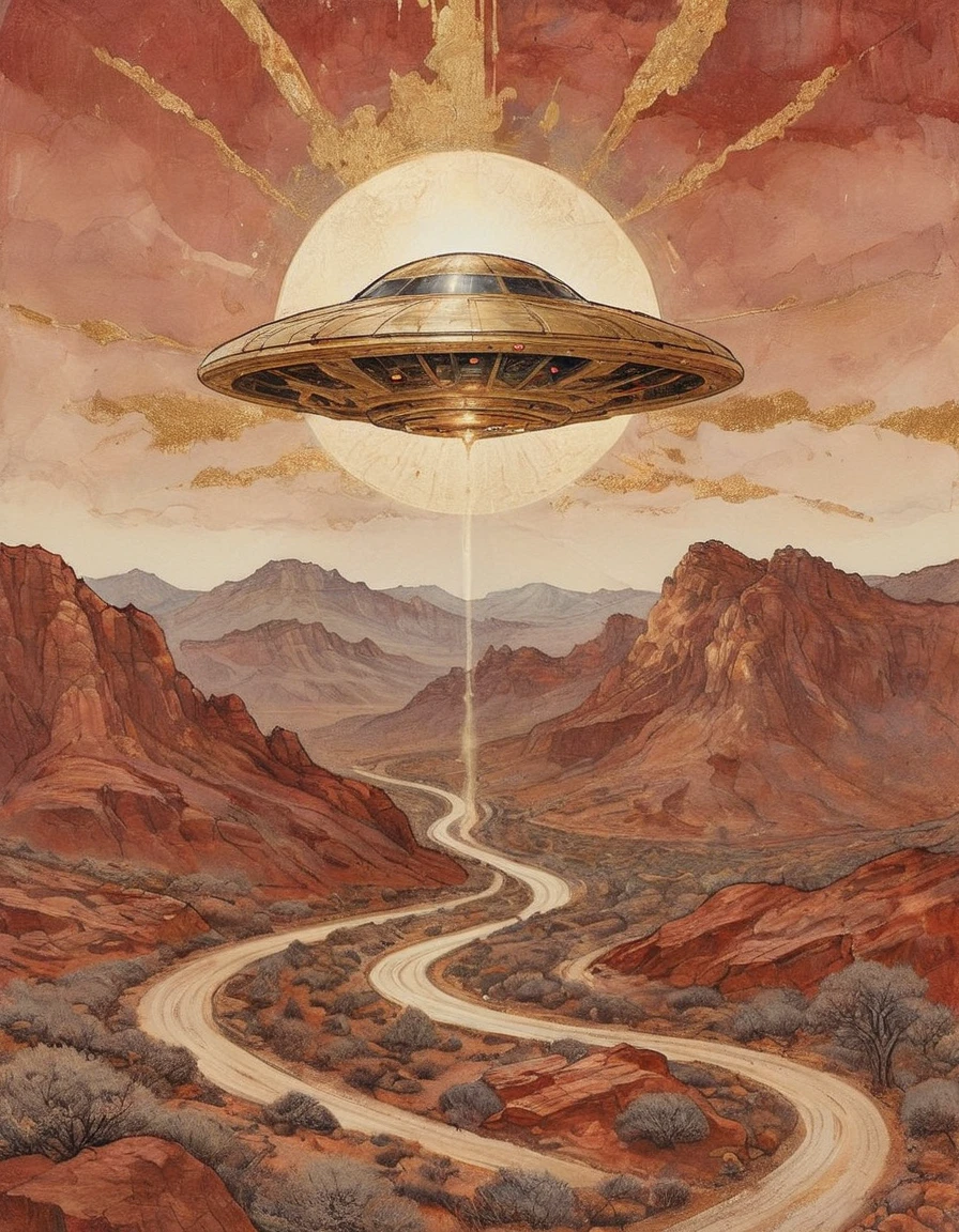 gold leaf illustration of ufo on a mountain surrounded by red rocks alongside a desert highway