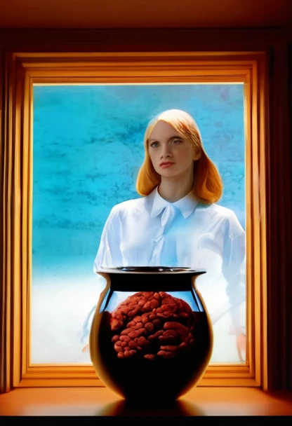 portrait photo of a young woman posing in front a surrealist window, in the background, there is a pot with a brain inside of it
