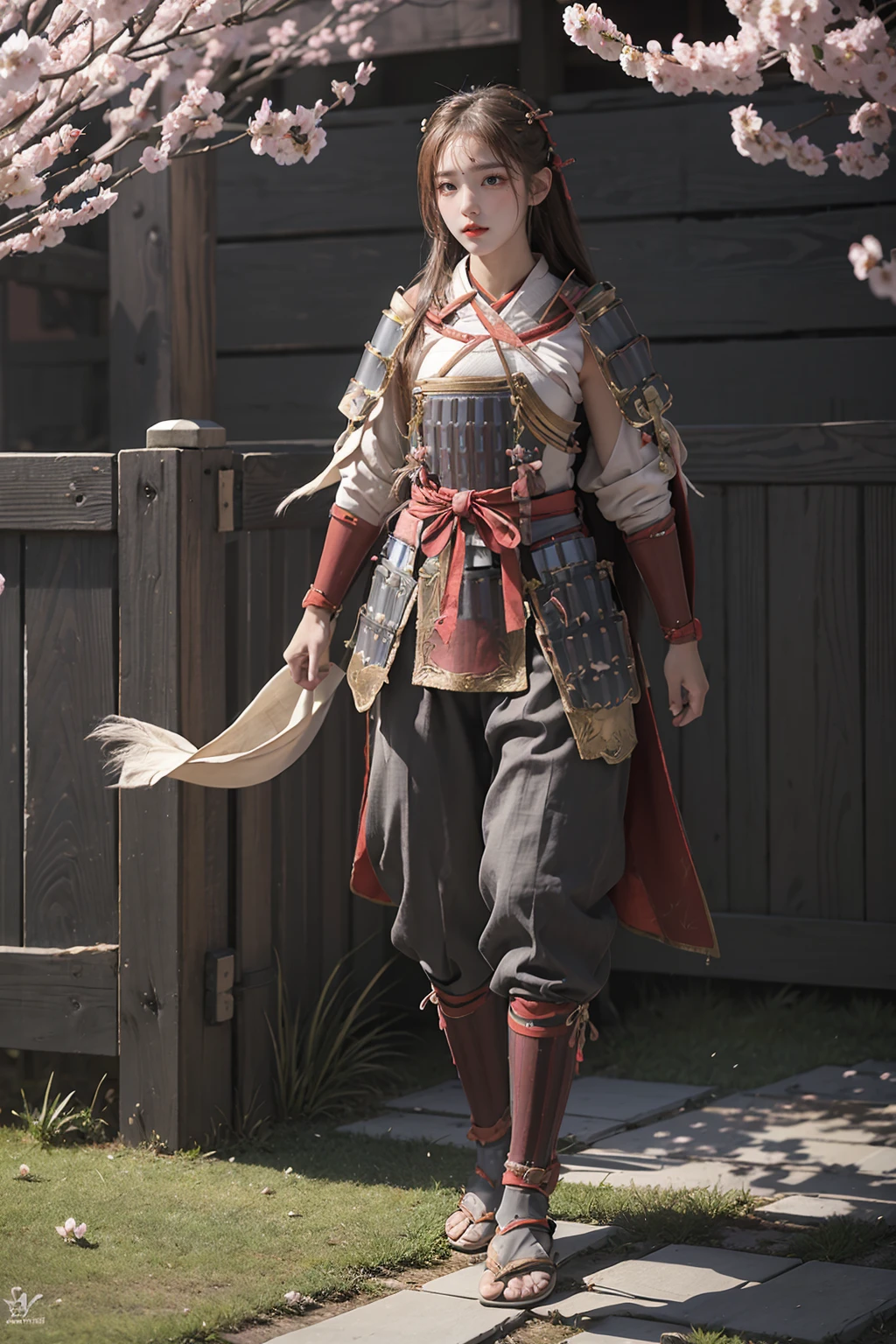 masterpiece,best quality,1girl,women,solo,full body,shoulder armor,pants,tabi,japanese armor,breastplate,sandal,faulds,samurai,kusazuri,straw cape,cherry blossoms,tassets,cuirass,<lora:more_details:0.3>,<lora:Samurai_armor:0.8>,