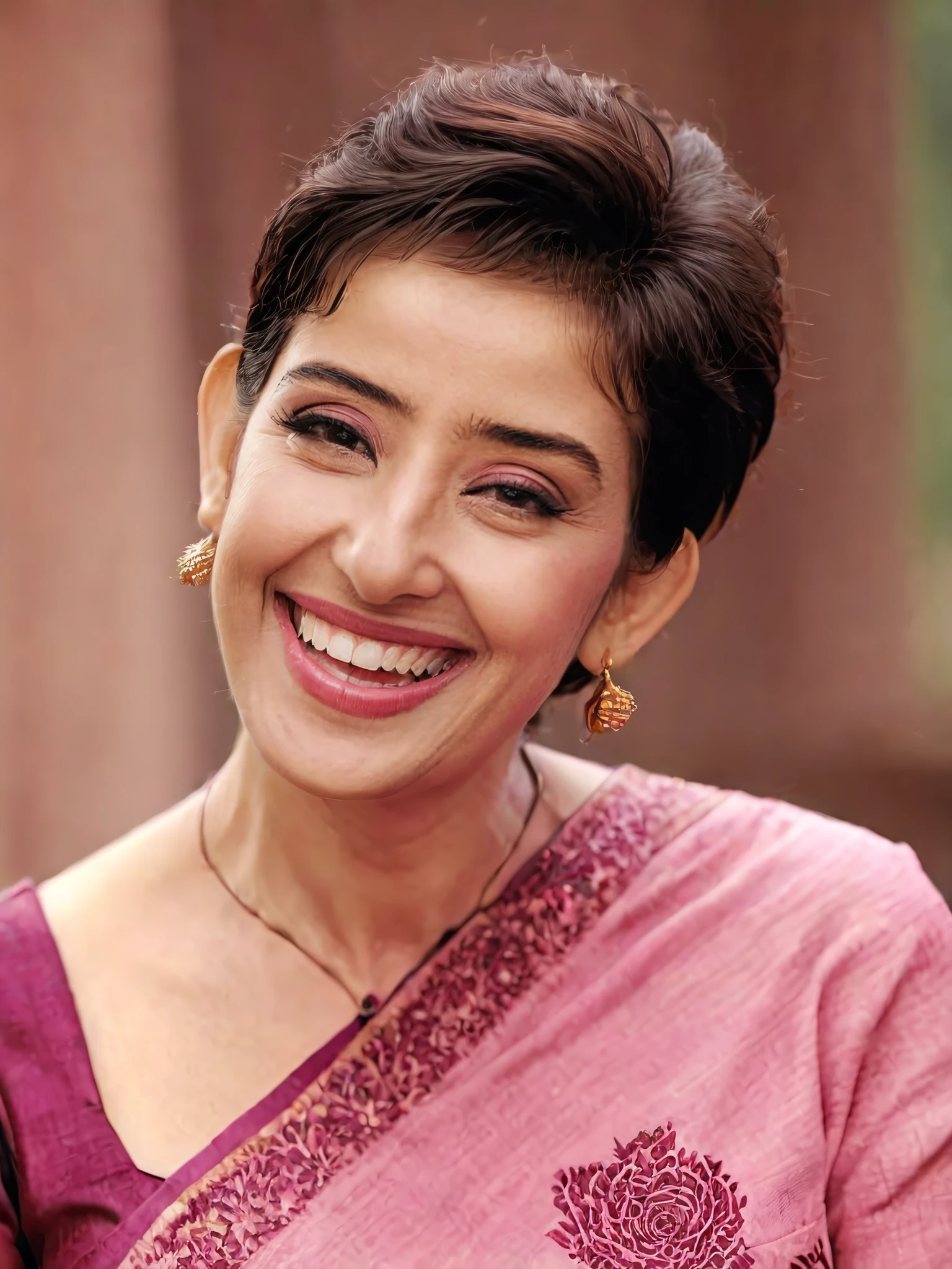 portrait photo of manisha koirala woman, solo, pixie hair cut, laughing, looking at the camera,  Rose ethnic clothing, , contrasting background bokeh, <lora:Manisha_Koirala_SDXL_LoRA_prodigy_local_xformers_HNE-000025:1>