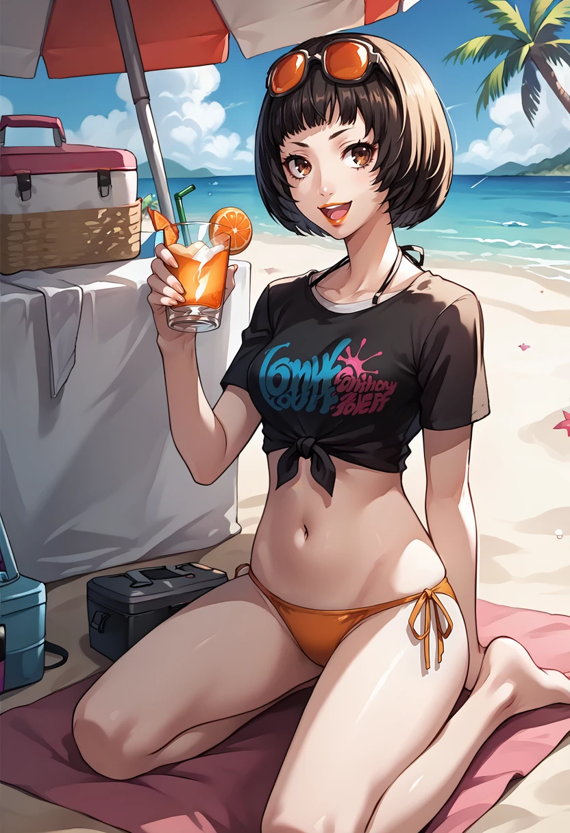 score_9, score_8_up, score_7_up, source_anime, 1girl, kneeling, looking at viewer, open mouth, smile, holding drink, BREAK <lora:OhyaP5-pdxl:1> ohyaP5, short hair, bob cut, brown eyes, sunglasses on head, lipstick, black t-shirt, clothes writing, short sleeves, medium breasts, tied shirt, orange bikini, navel, side-tie bikini bottom, outdoors, beach, towel, palm tree