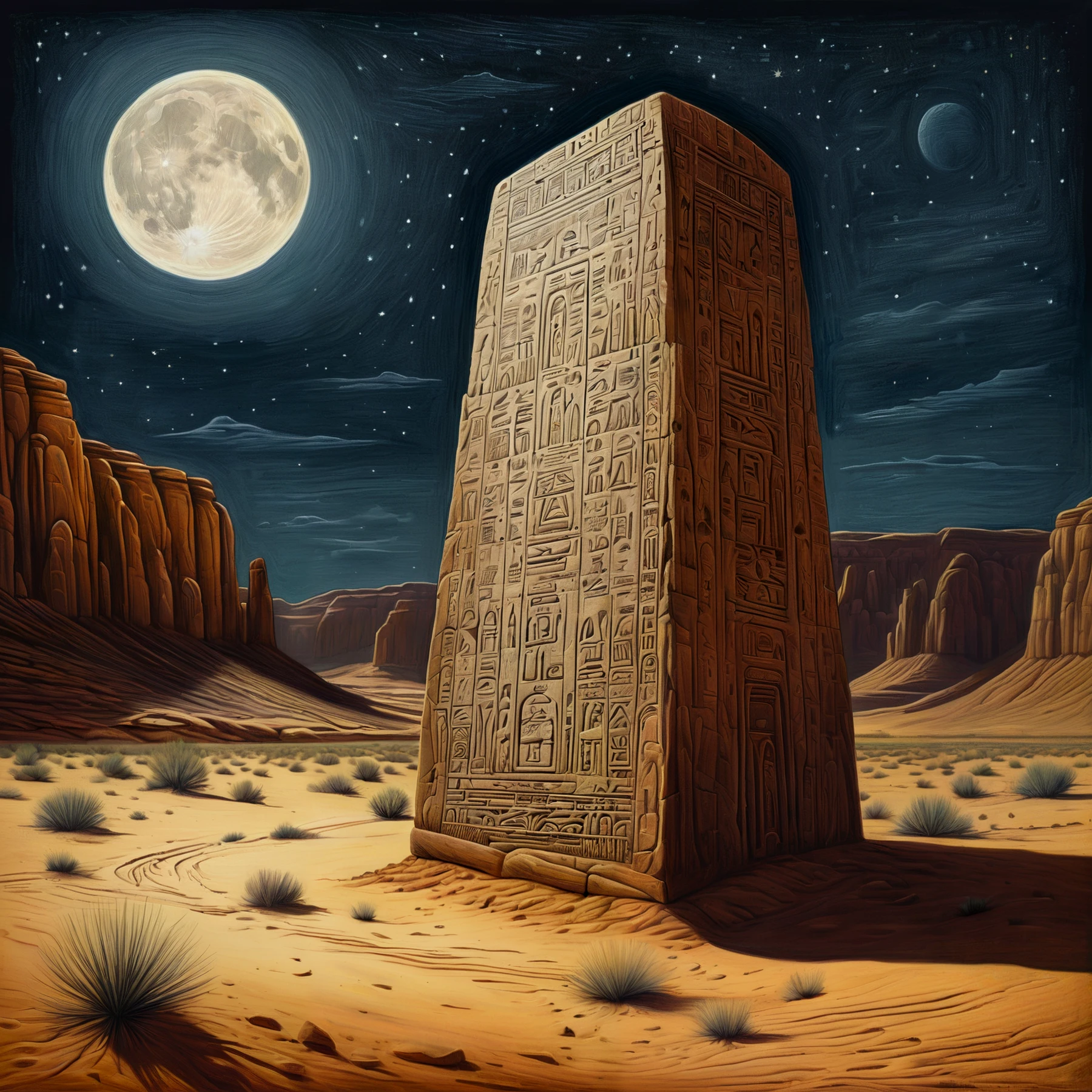 Color drawing of a desert monolith, engraved with hieroglyphics. Night. Moon illumination.

<lora:PencilDrawEn01_CE_SDXL:0.6>