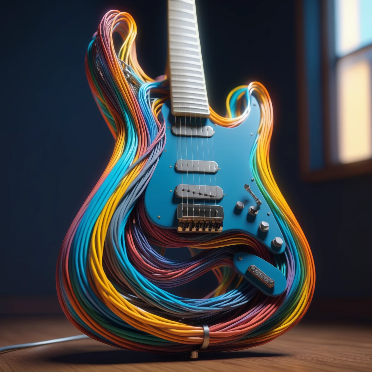 a guitar made out of Jed-Cable , sharp and in focus,  <lora:ColourfulCableStyle:0.7> ,