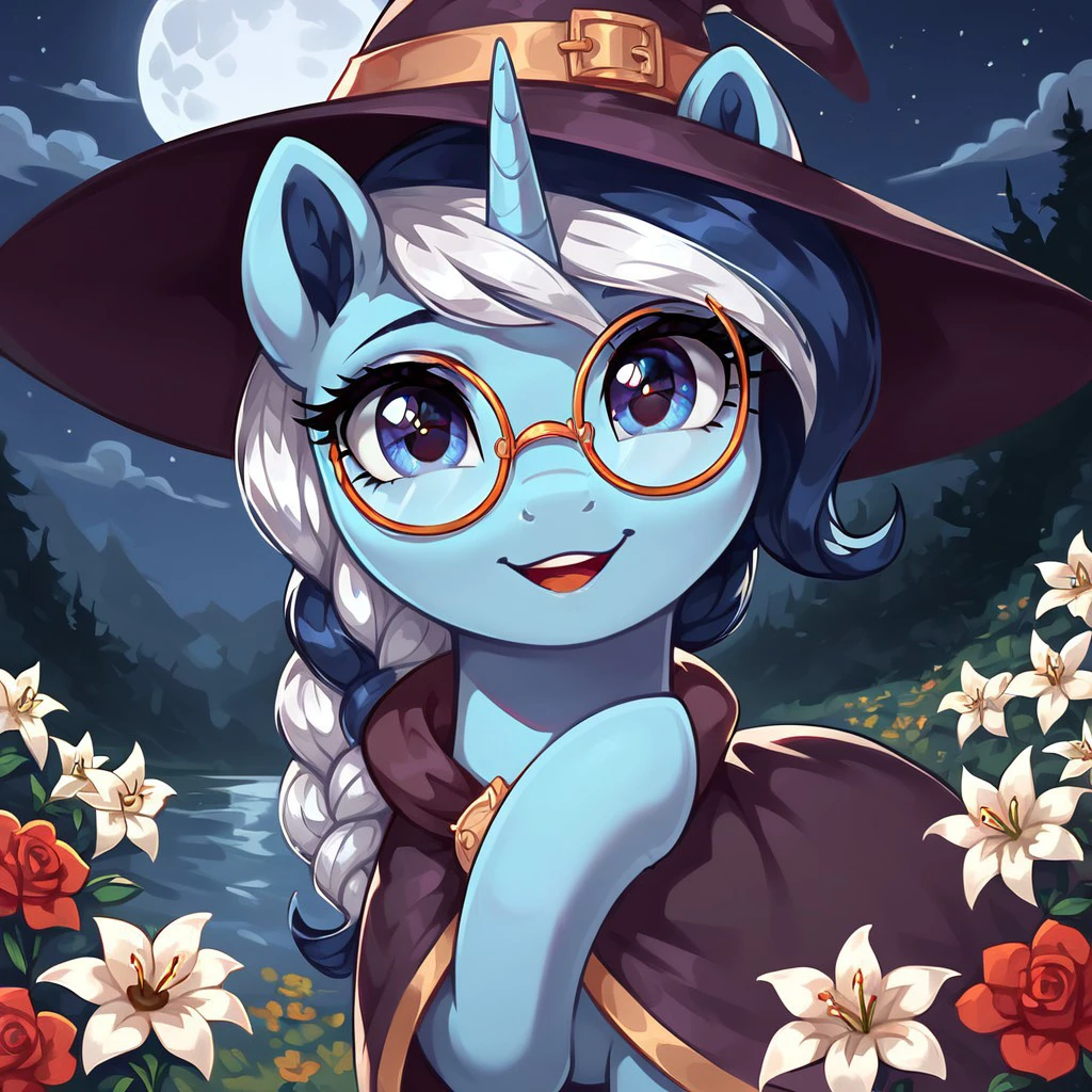 masterpiece, score_9, score_8_up, score_7_up, (best quality:1.1), ultra-detailed, high resolution, 1character, River Swirl, unicorn pony, light blue skin, fluffy pony ears, horn, black and white mane, feral, female, mare, witch costume, witch hat, (((beautiful detailed kornflower blue eyes))), round glasses, looking at you, long eyelashes, outdoors, Long eyelashes, Highly Visible, (((8k))), from Equestria at War, grimdark, night, moon in the sky, sharp focus, perfect lighting, beautiful eyes, detailed outfit, anatomically correct, extremely detailed, shine on body, high detail, cute face, happy facial expression, Expressiveh, detailed background, OverallDetail, zPDXL2