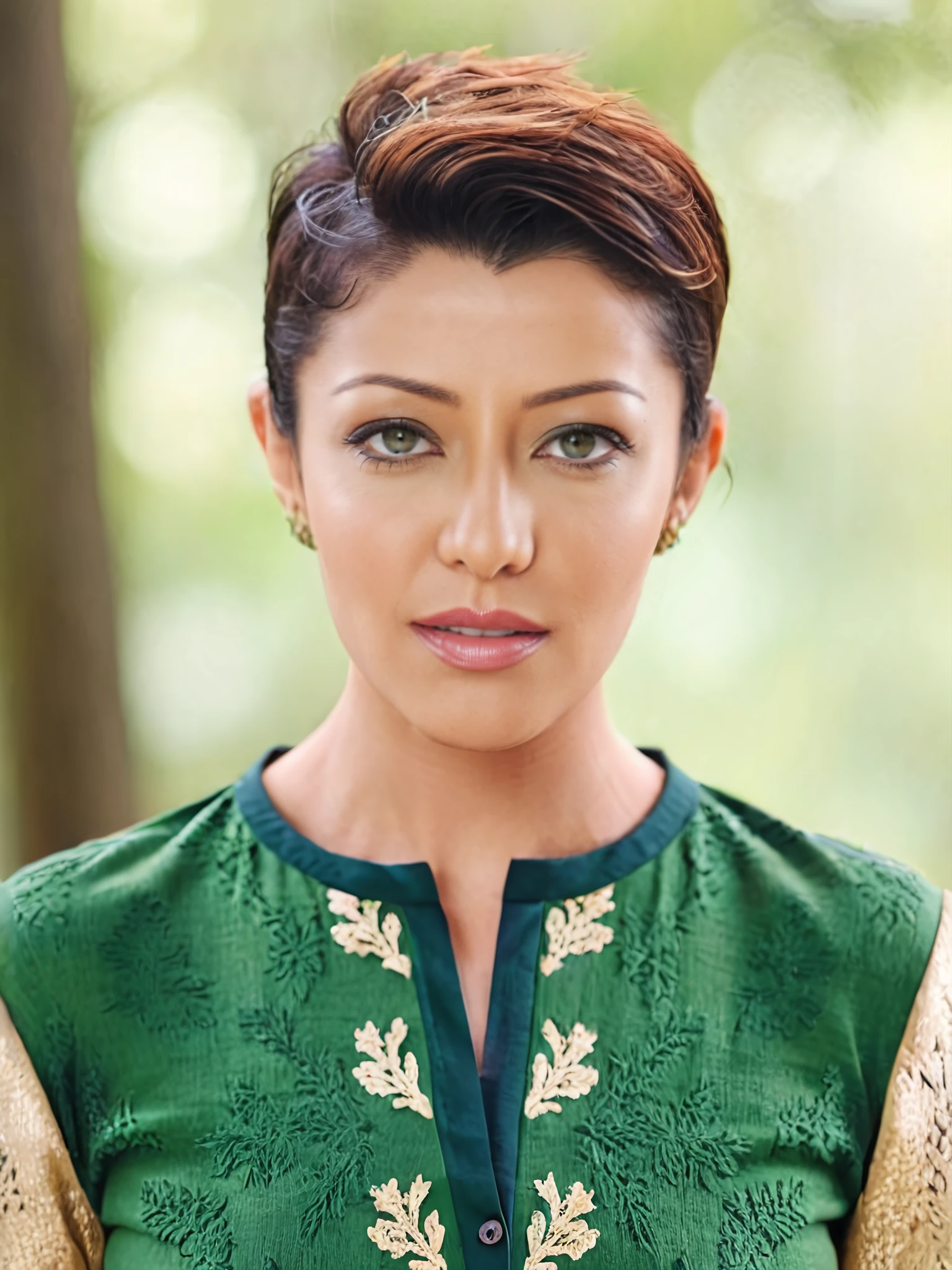 full body photo of aditi govitrikar woman, solo, pixie hair cut, , looking at the camera,  Forest Green ethnic clothing, , contrasting background bokeh, <lora:Aditi_Govitrikar_SDXL_LoRA_prodigy_local_xformers_HNE:1>