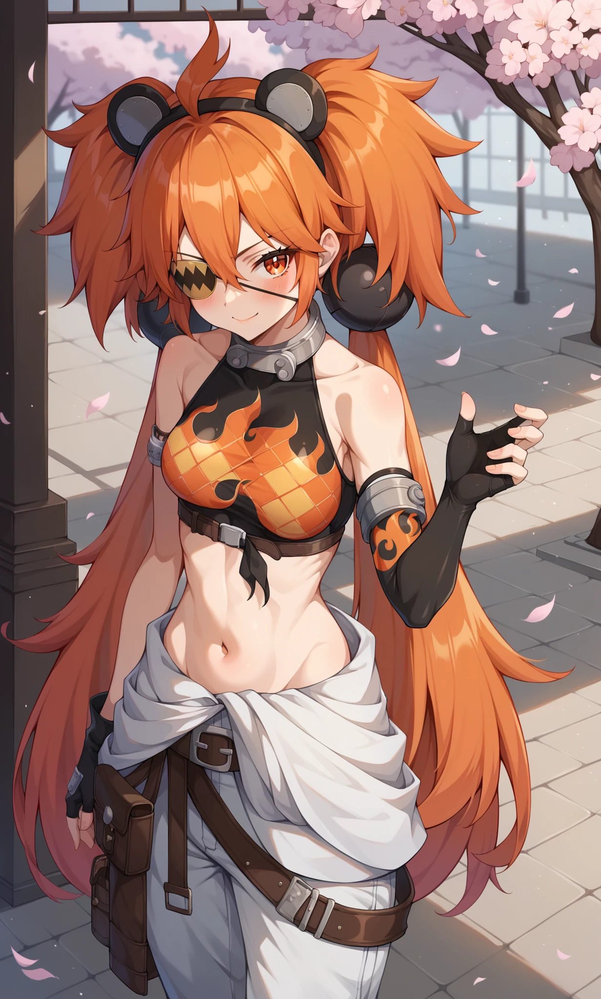 score_9, score_8_up, score_7_up, score_6_up, score_5_up, score_4_up, BREAK source_anime, 1girl, solo, outdoors, street, cherry blossoms, cowboy shot, standing, looking at viewer, smile, koleda, orange eyes, eyepatch, orange hair, ahoge, long hair, two-side up, low twintails, black bobbles, hair bobbles, fake animal ears, metal collar, crop top, sleeveless, flame print, asymmetrical gloves, fingerless gloves, jumpsuit around waist, loose belt, belt pouch, white pants, metal armbands, single elbow glove