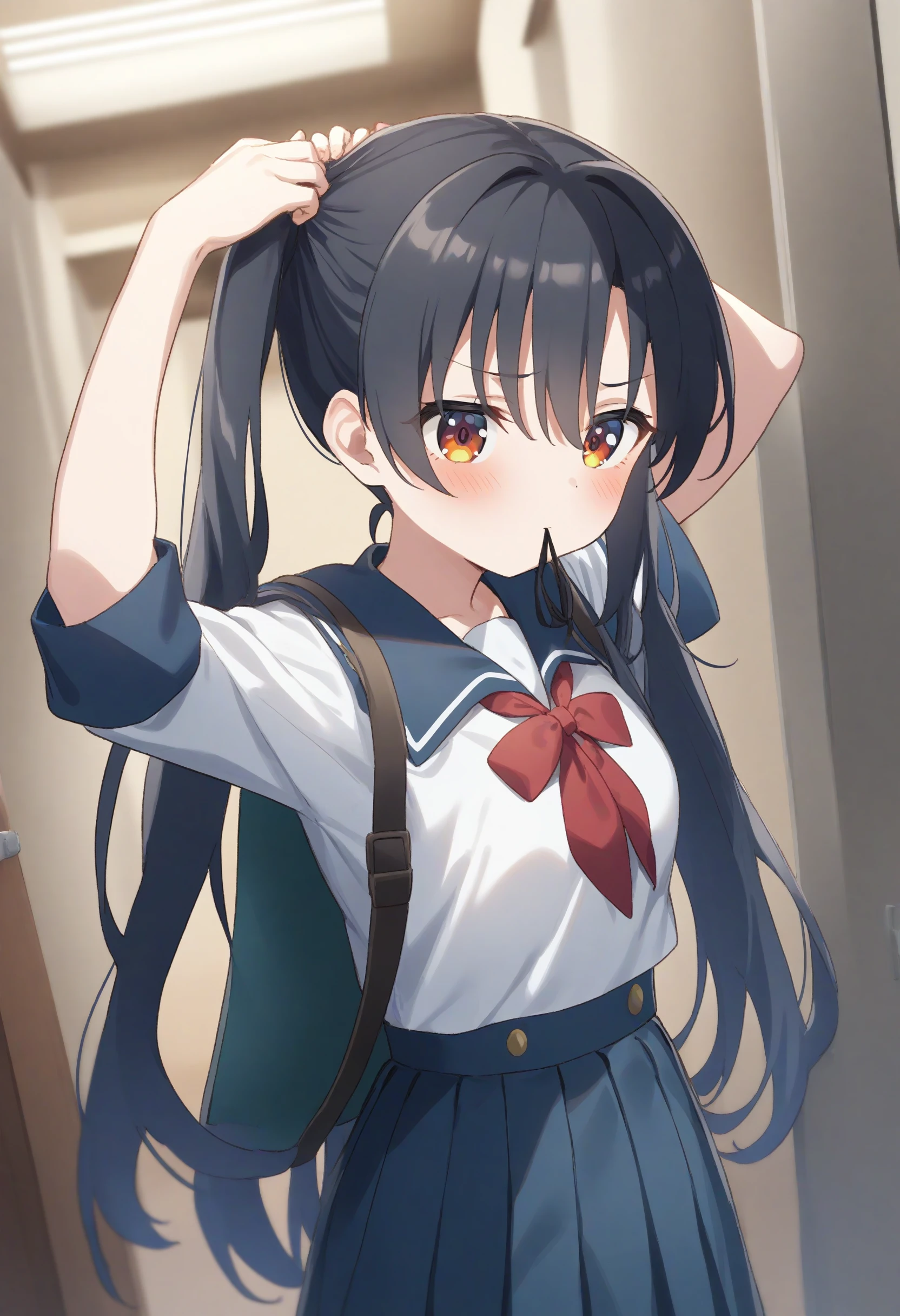 1girl,sincos, ningen mame, toosaka asagi,solo,medium breasts,school uniform,
tying hair,twintails,<lora:tyinghairtwintails_XL_v1:0.8>
dutch angle, panorama shot, looking away, blue hair, orange eyes,facepalm, common corridor, closed mouth,
best quality, very aesthetic, absurdres