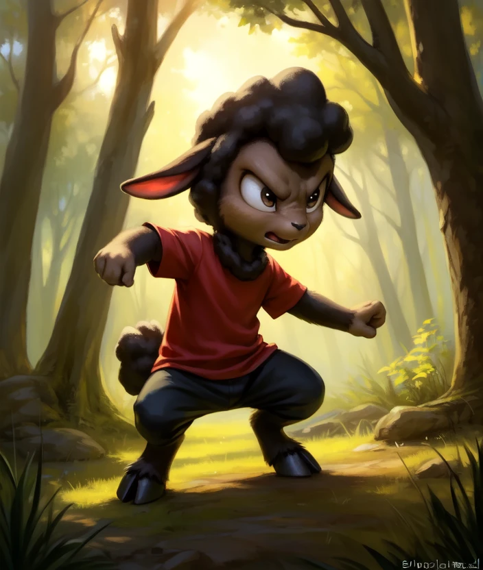 <lora:BlackietheLambN:0.8>  BlackietheLambN,  Lamb,  hooves, red shirt,  black wool, chibi,  (fighting stance, angry pose)
Male, Detailed multicolored skin, ( solo), [day,  forest, trees, meadows, grass, clouds,] solo focus,  
(beautiful, aesthetic, perfect, delicate, intricate), masterpiece, digital drawing, best quality, AS-YoungerV2:0.6, AS-YoungestV2:0.5,   
[by kenket|by totesfleisch8], by thebigslick:by silverfox5213:0.8], [by syuro, by paloma-paloma::0.2, (Tricksta, TotesFleisch8)