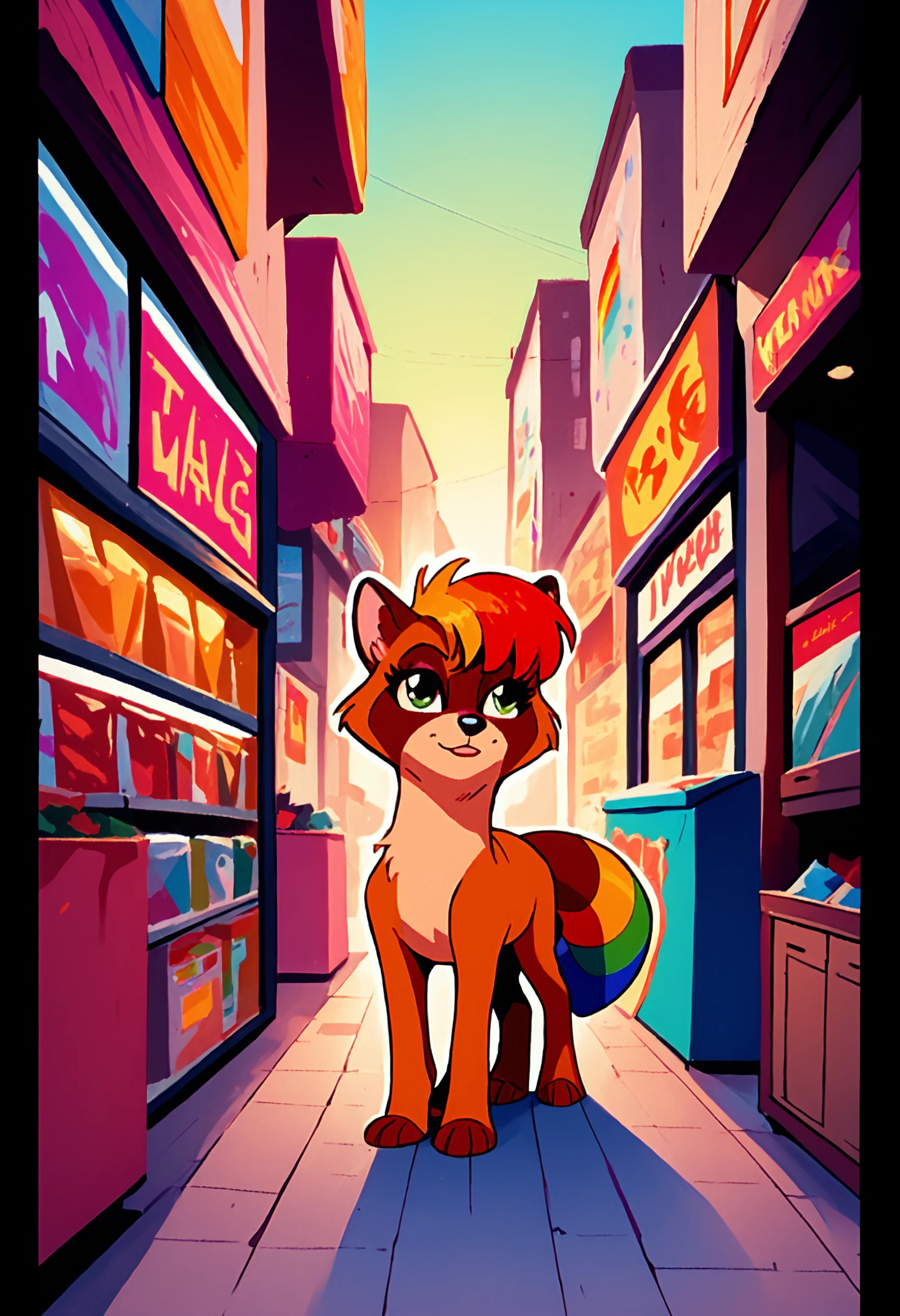 score_9, score_8_up, score_7_up, score_6_up, score_5_up, score_4_up, a fluffy blue and pink raccoon with (rainbow-colored tail:1.4) digging through the trash at a 7-11 convenience store, source_pony  DskfllPosPNYXL_