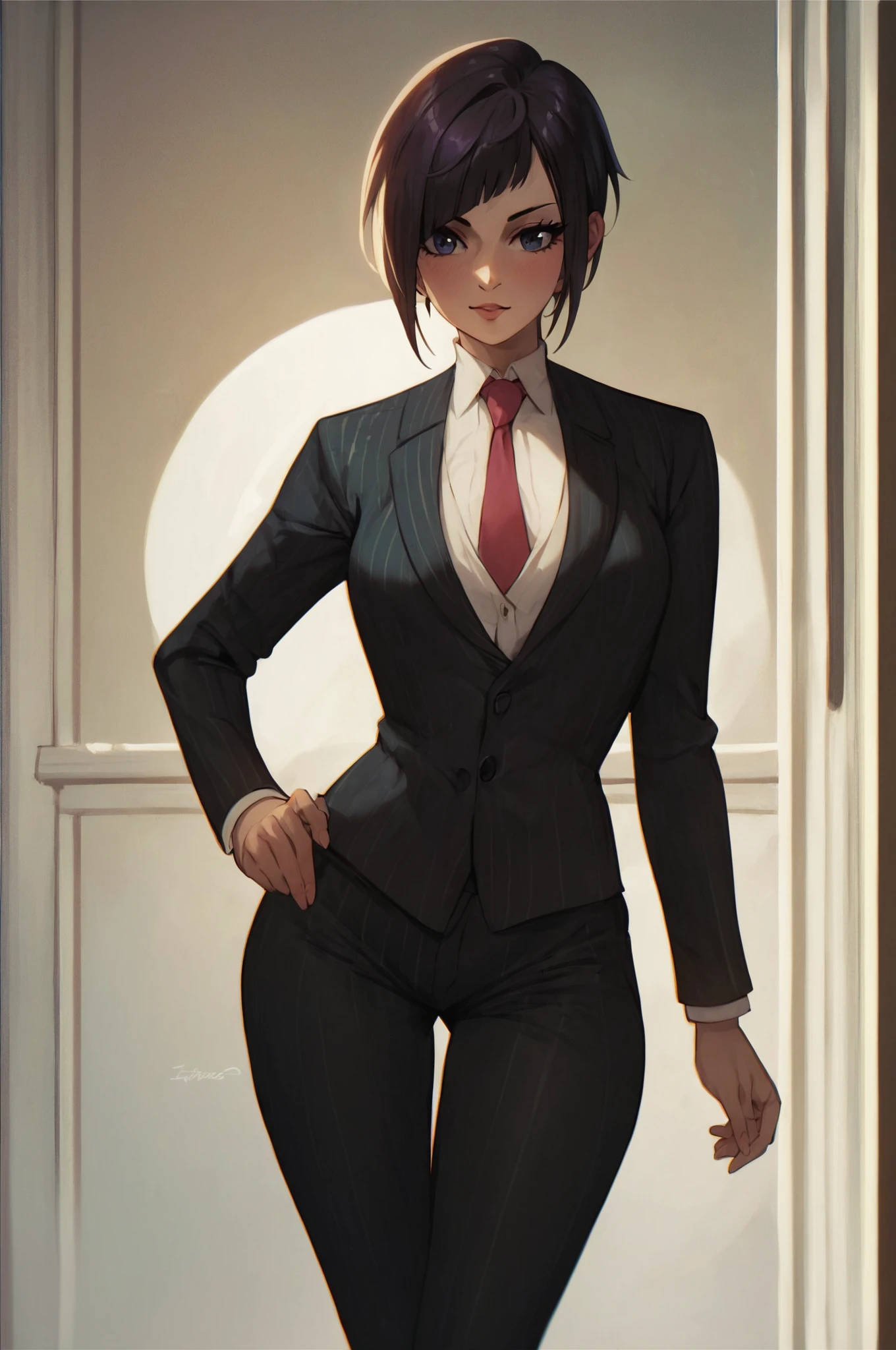 score_9, score_8_up, score_7_up, score_6_up, score_5_up, score_4_up, (high quality, detailed, beautiful)  <lora:Ranko_epoch_8:0.99> mannen_ranko, cowboy_shot, suit tie pants