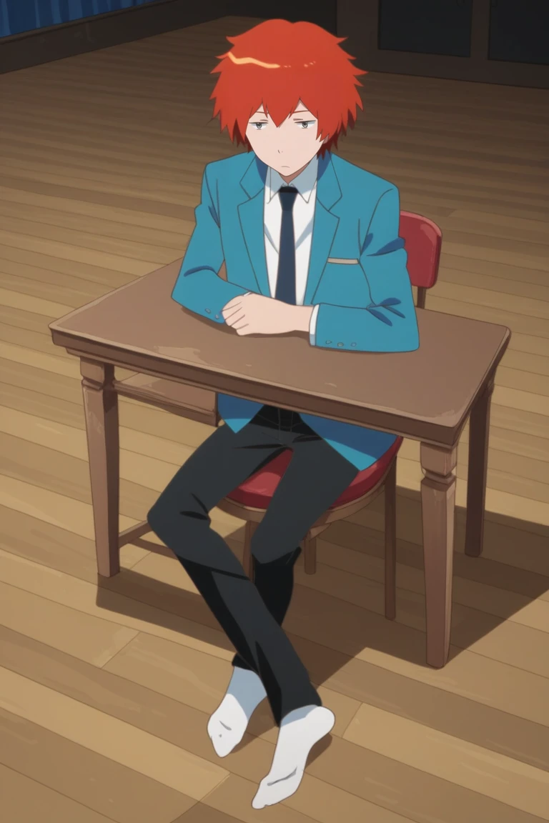 score_9, score_8_up, score_7_up, masterpiece, best quality, amazing quality, best aesthetic, ,absurdres,intricate details,male focus, yuki sanada, red hair, grey eyes, blue blazer, white shirt, school uniform, blue necktie, 1boy, male focus, solo, blazer, necktie, parody, table, pants, chair, socks<lora:EMS-418648-EMS:1.000000>