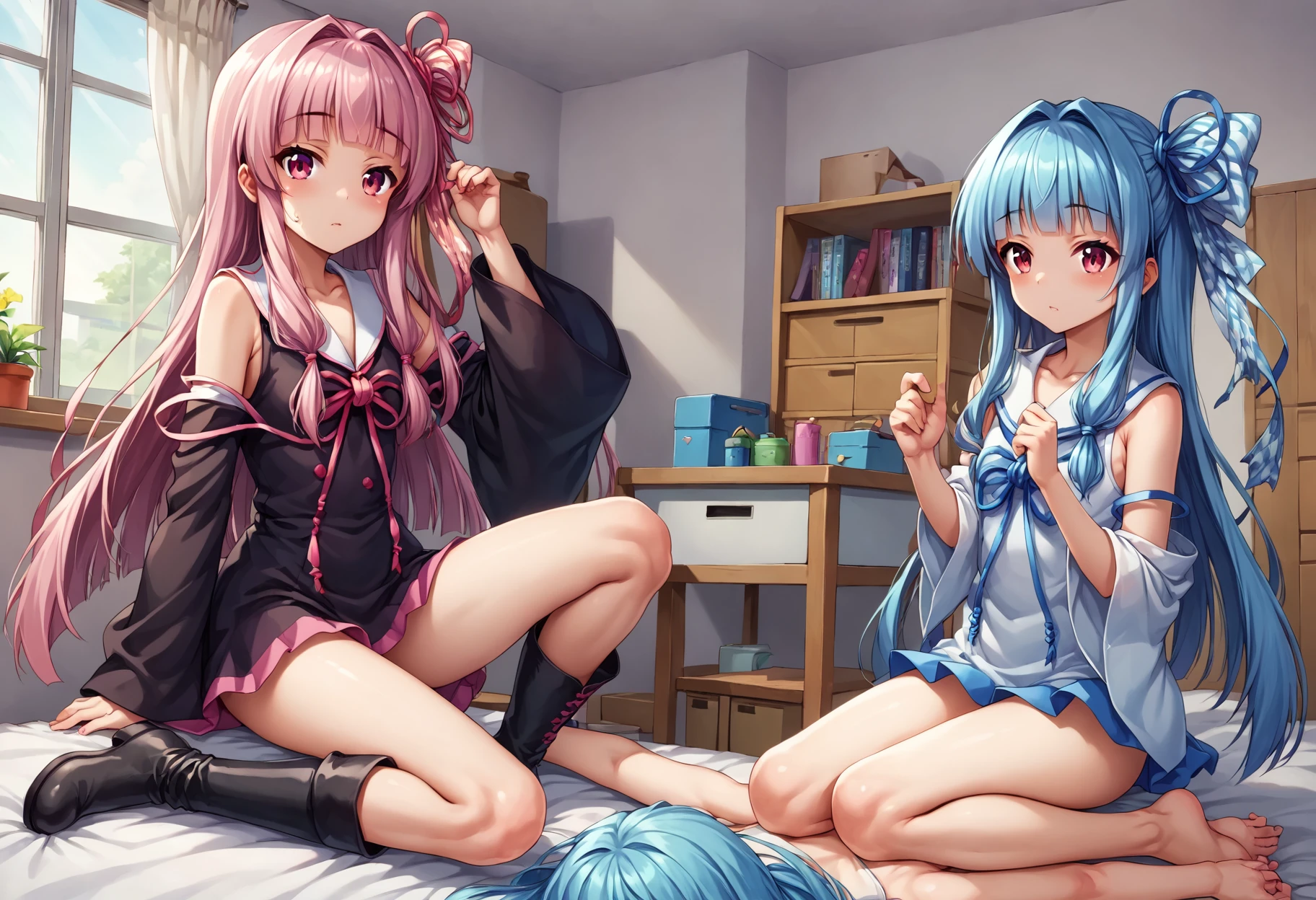 nsfw,((One Man and Two Women,Having sex)),lying down,Lift both legs,Sex,Light blue hair,Light pink hairstyles，Cat ear，Pink Eyes，light blue lolita，White socks，,Pink ribbon,Open Mouth Smile,Best image quality,Highest quality
