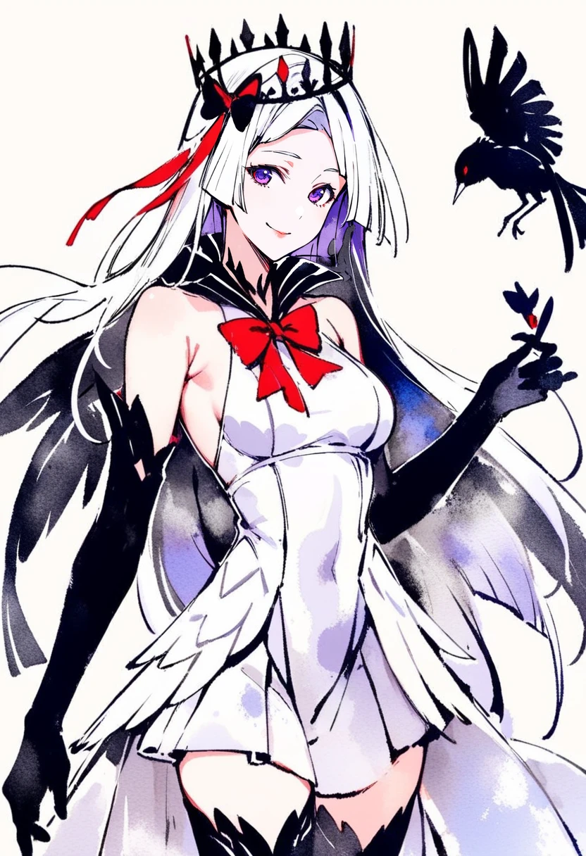 masterpiece, best quality,<lora:inkXL_ANI31_lokr_V43P1:0.95>monochrome, watercolor, 1girl, brynhildr \(fate\), bird, gloves, dress, elbow gloves, long hair, bow, purple eyes, black gloves, white hair, smile, solo, very long hair, crown, looking at viewer, bare shoulders, breasts, multicolored hair, white dress, red bow, cowboy shot, bird on hand, animal, closed mouth, hair bow, medium breasts, thighhighs, sleeveless, hair ornament