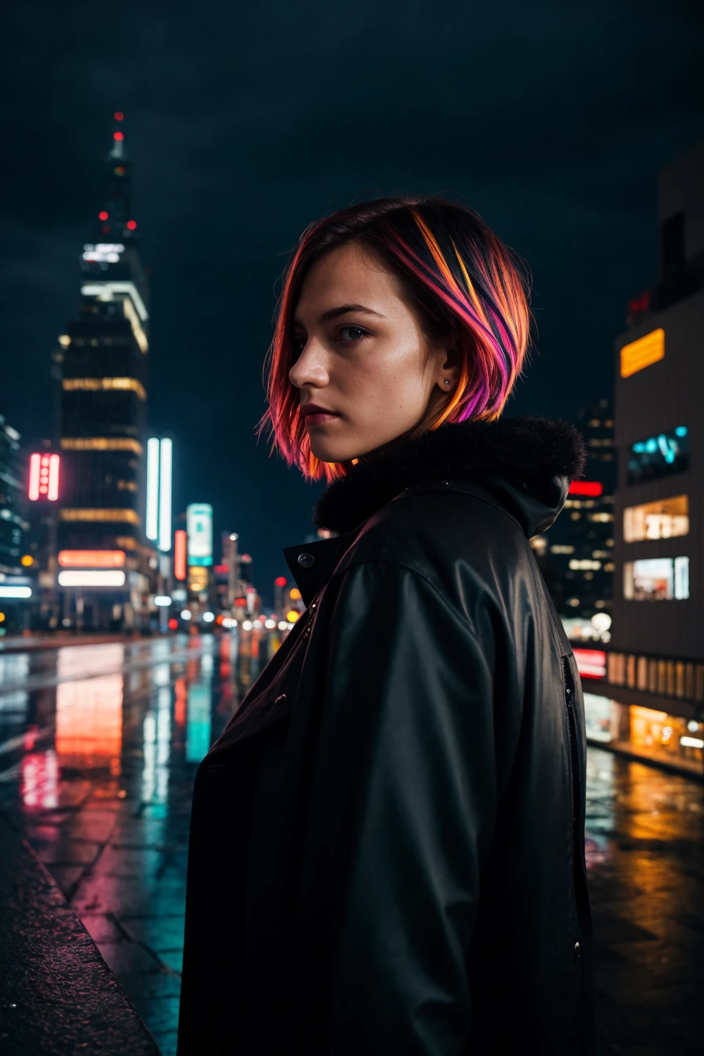 german 1girl, solo focus, short hair, multicolored hair, black coat, white shirt, accessories, city background, futuristic city, night, rain, moody,cyberpunk,upper body,