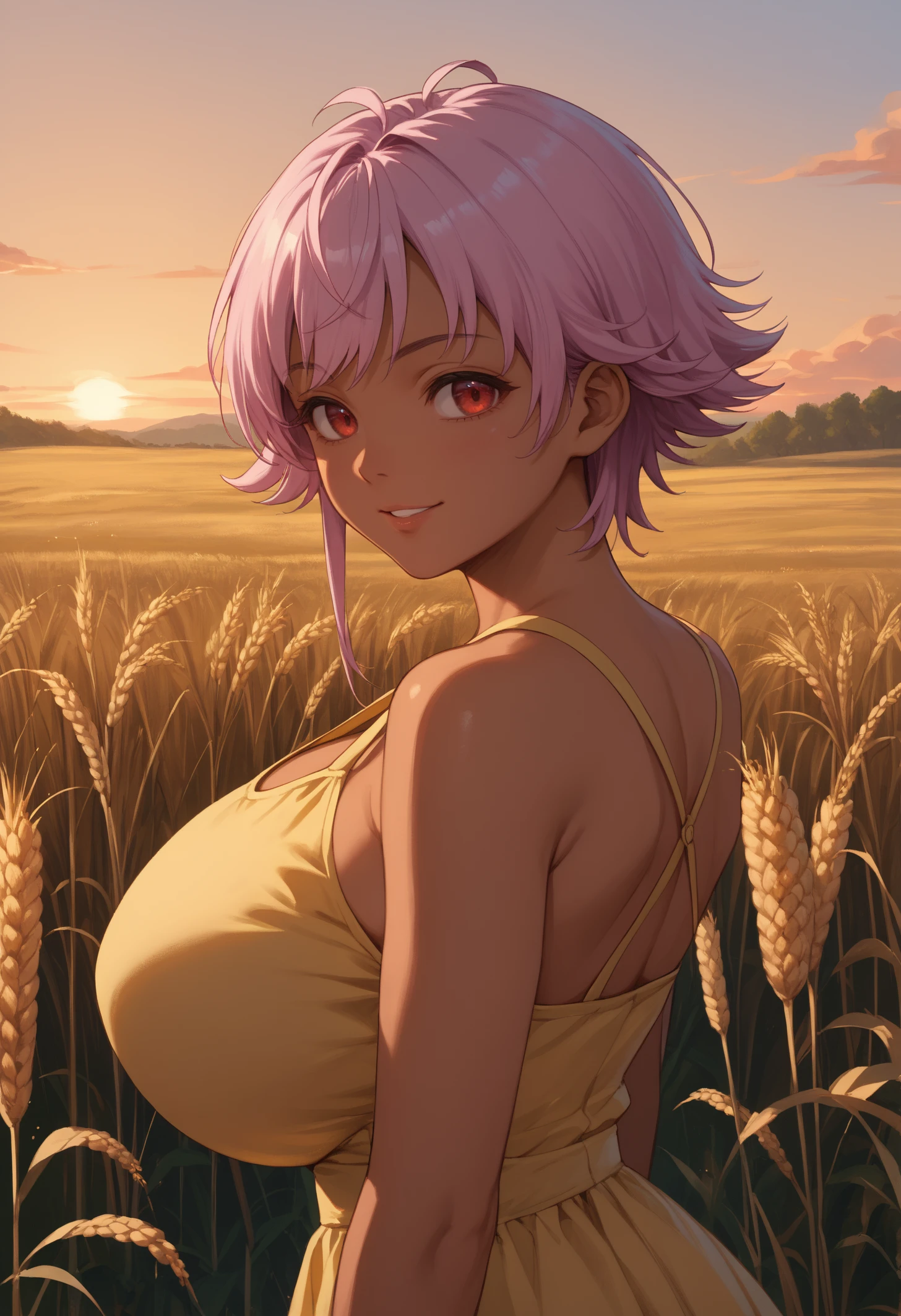 score_9, score_8_up, score_7_up, 1girl, gladyswaken, dark-skinned female, red eyes, pink hair, short hair, huge breasts,
yellow sundress, sleeveless,
looking at viewer, smile, parted lips, looking back,
outdoors, wheat field, sunset
<lora:Gladys-von-WalkenheimPDXL_V1-Manityro-CAME:1.0>,