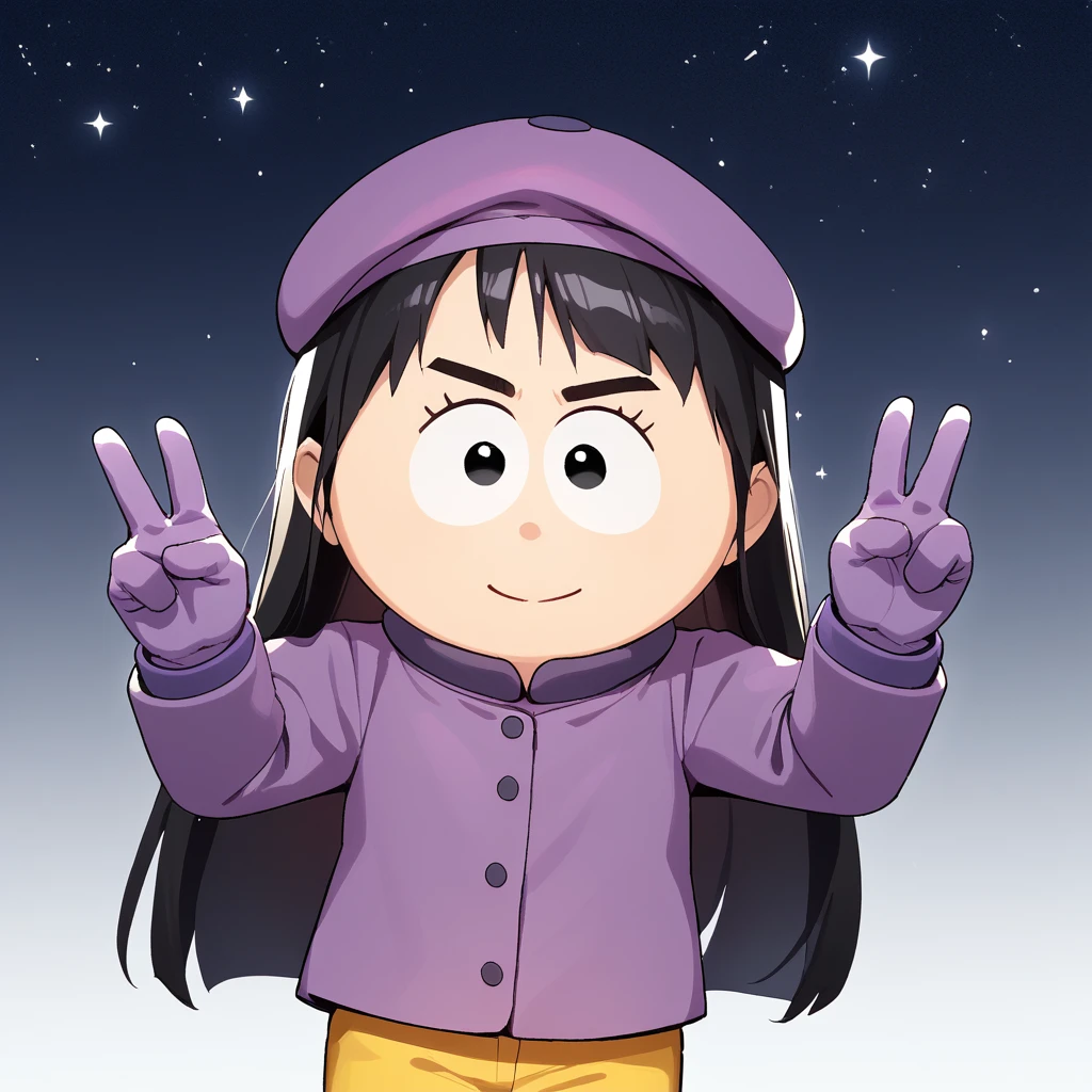 score_8_up, BREAK, WendyTestaburger, 1girl, solo, black hair, long hair, black eyes, beret, jacket, yellow pants, purple gloves, <lora:WendyTestaburger_PXL_Leaf2:1>,  gradient background, cowboy shot, double v, starry background,