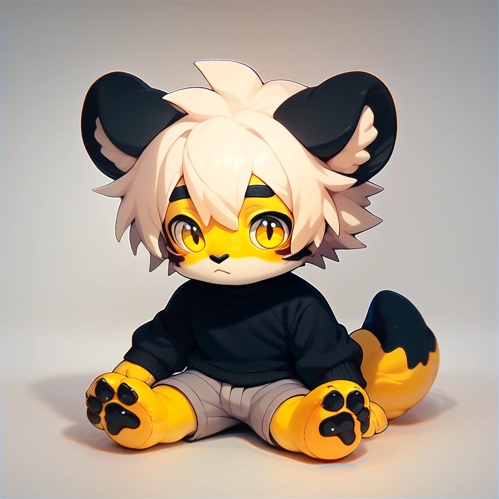 score_9, score_8_up, score_7_up, score_6_up, toys_mikus, fumo style, fumo toys, looking at the view, sitting, white background, , anthro, poyo, paws, boy, shortstack, small boy, (white hair, dark yellow eyes, yellow fur, white fur, yellow paws, tail tip black, black ears), (black sweater, gray shorts),