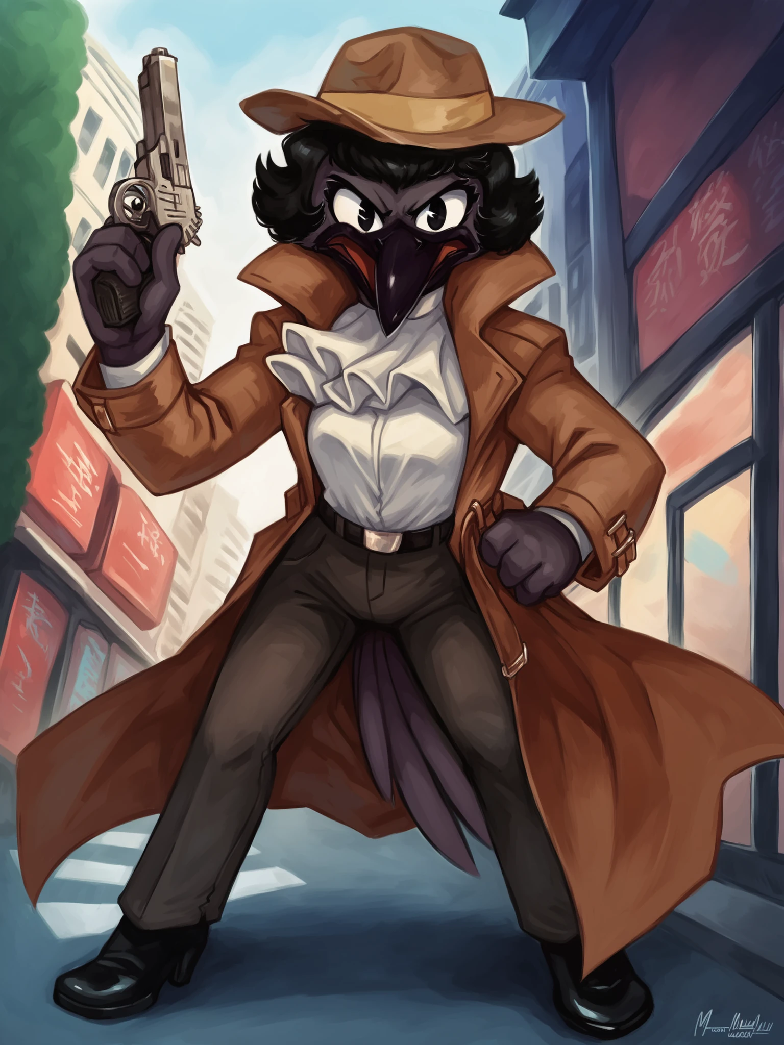 score_9, score_8_up, score_7_up, score_6_up, best quality, highres, source_furry, masterpiece, BREAK by meesh, by oouna, BREAK
1girl, female, cityscape, tokyo, japan, trenchcoat, street, frilled dress shirt, pants, belt, heels, fedora, dark beak, crow, corvid, black eyes, furrowed brow, frown, hand on hip, yelling, open mouth, tongue, looking at viewer, wide stance, taser, holding pistol, wind, black hair, short hair, black skin, tail feathers <lora:Inspector_Tezuka:1> <lora:Meesh_Style_PonyXL:0.6> <lora:Oouna_Style_PonyXL:1>