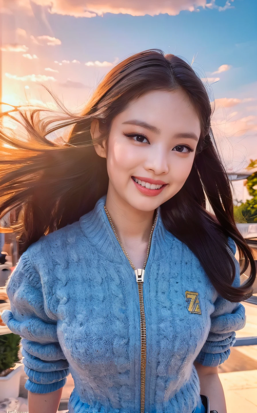 <lora:Jennie_V1:1> Jâ¬nn!e,, (smiling:1.2),  , (fullbody:1.2),  (realistic), (hyperrealism), (photorealistic:1.4), 1girl,,  looking at the viewer, eye makeup, detailed eyes, detailed face, (upper body:1.2), detailed background, walking at the streets, sunset, (windy:1.2)  z1pp3rsw3at3r,, sleeves past wrists, zipper sweater, Denim jeans   <lora:zoom_slider_v1:2>