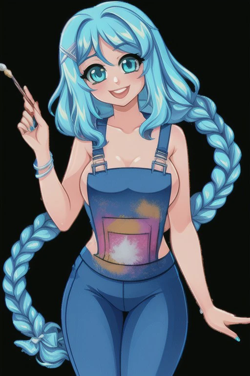 lakecrushcrush, 1girl, solo, blue hair, long hair, single long braid, blue eyes, overalls, pants, thick thighs, simple background, looking at viewer, (HD, 4K, High quality),